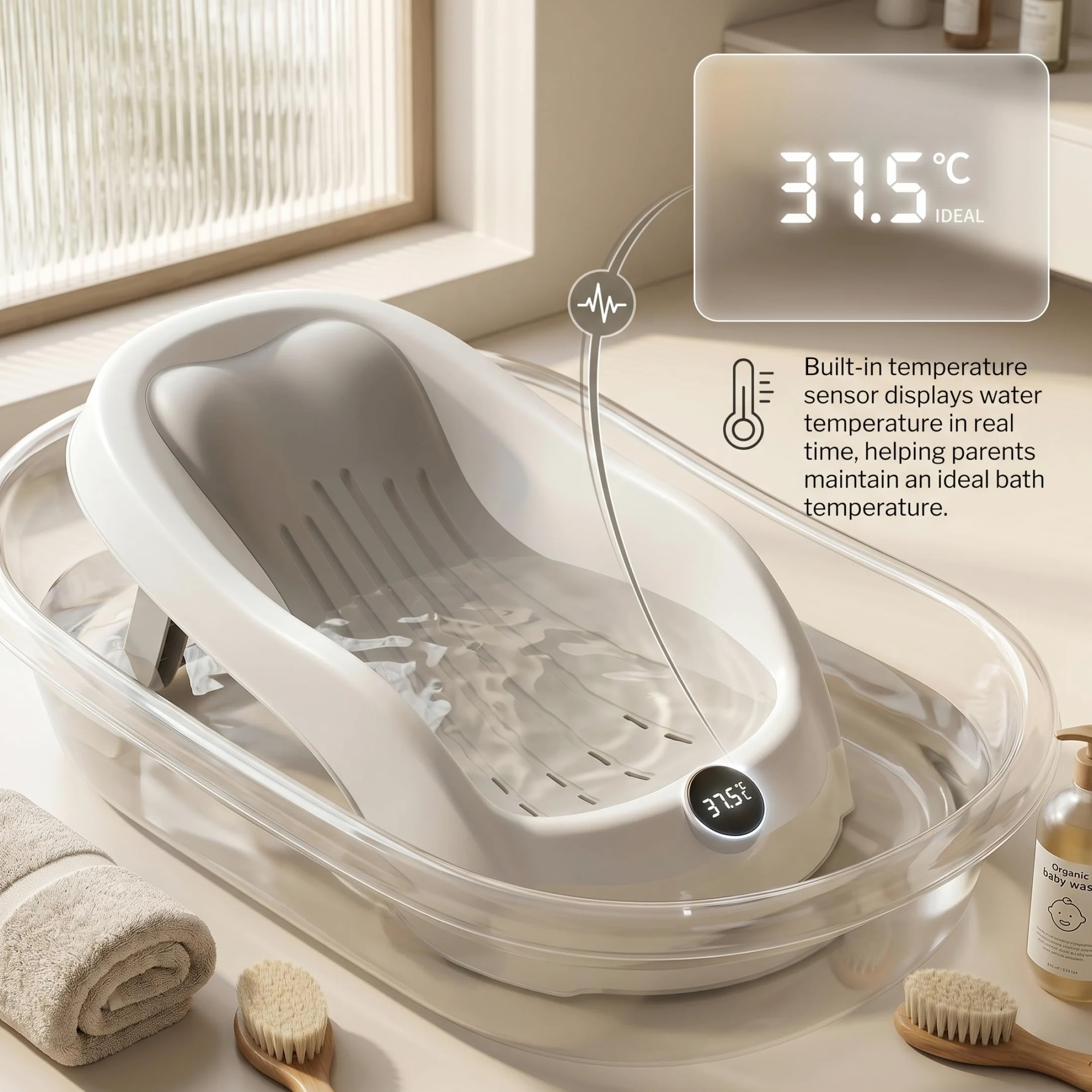 Supporto per bagnetto, vaschetta per il bagnetto con display digitale della temperatura e drenaggio, seggiolino pieghevole per vasca da bagno antiscivolo per neonati (grigio) &1