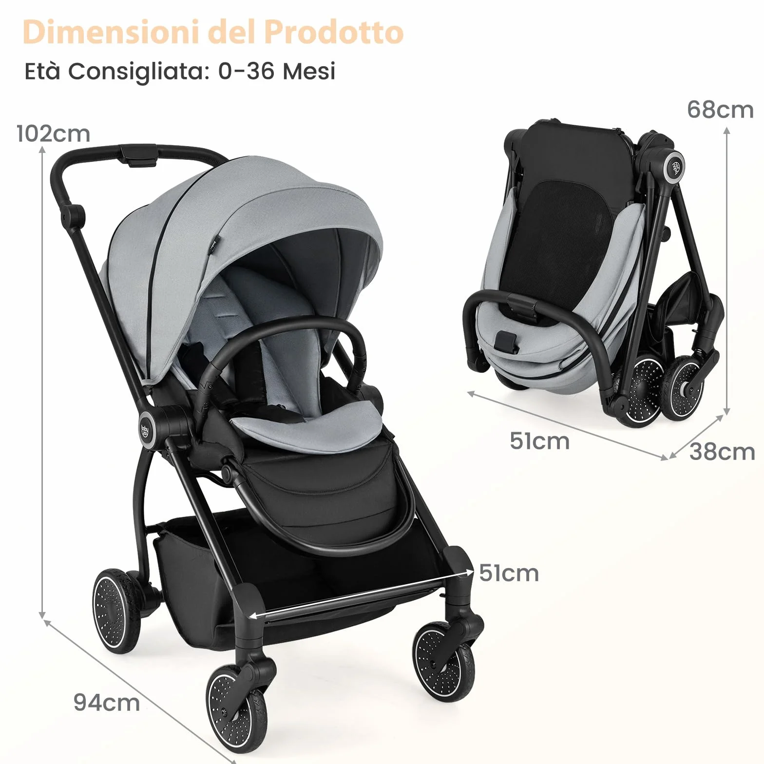RELAX4LIFE Passeggino Leggero e Reversibile per Bambini 0-3 Anni, con Seduta Fronte Mamma e Strada, Schienale Regolabile, Ruote Ammortizzate, Cestello 36L, Portata 30kg, Omologato CE (GRIGIO)