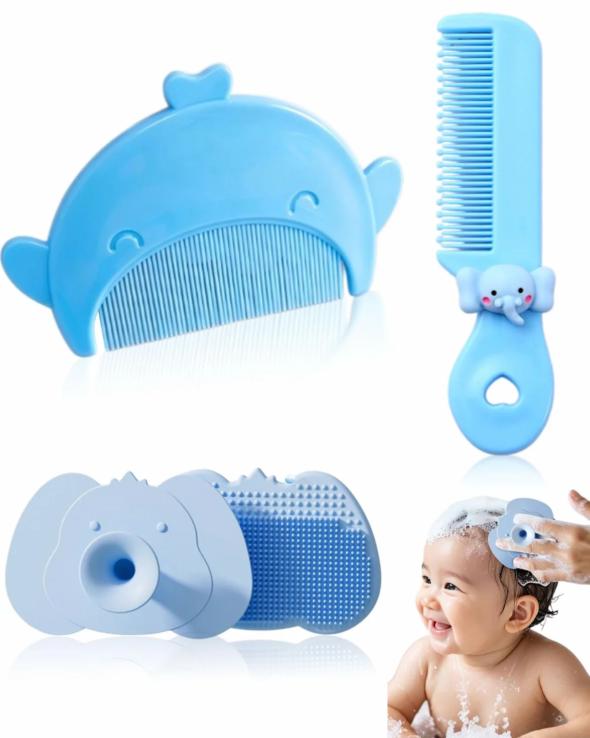 3 pezzi spazzola da bagno e pettine neonato, silicone, contro crosta lattea, per neonati, blu