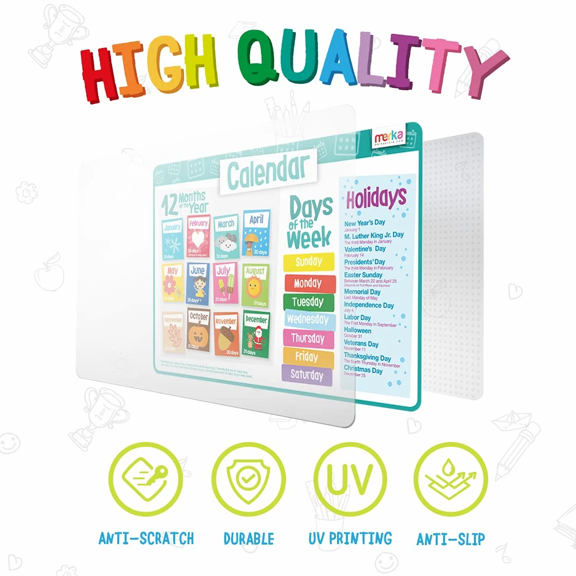 merka Tovagliette educative per bambini, riutilizzabili e antiscivolo in silicone, set di 4 tappetini didattici per tempo, denaro, calendario e stagioni, ideale per bambini e prescolari