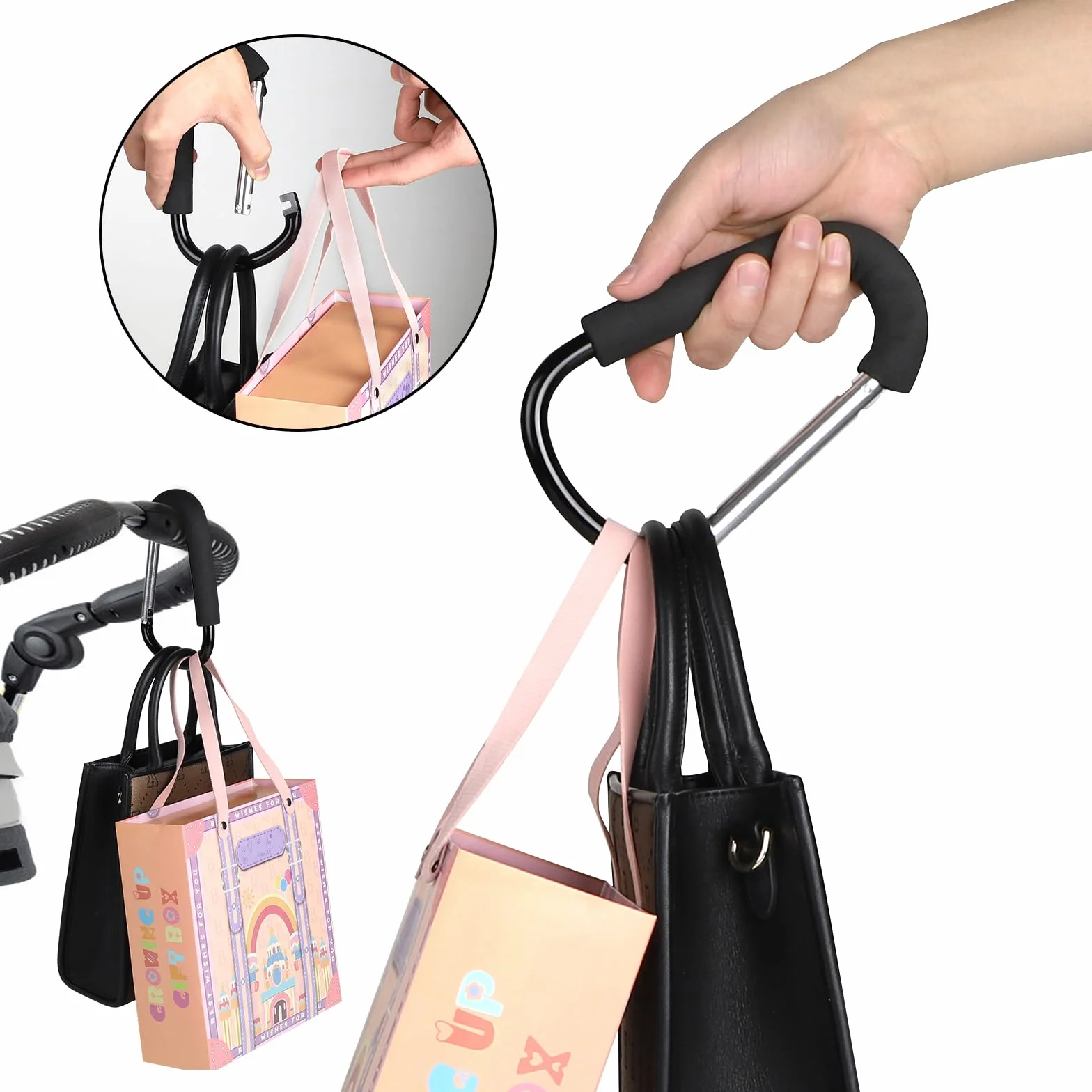 LALAGO 2 Pezzi Gancio Universale Passeggino, 16x10cm Moschettone a Gancio Multiuso, Aggancio per Borse con Imbottitura di Protezione, Ganci Passeggino, Clip Hook Stroller Organizer