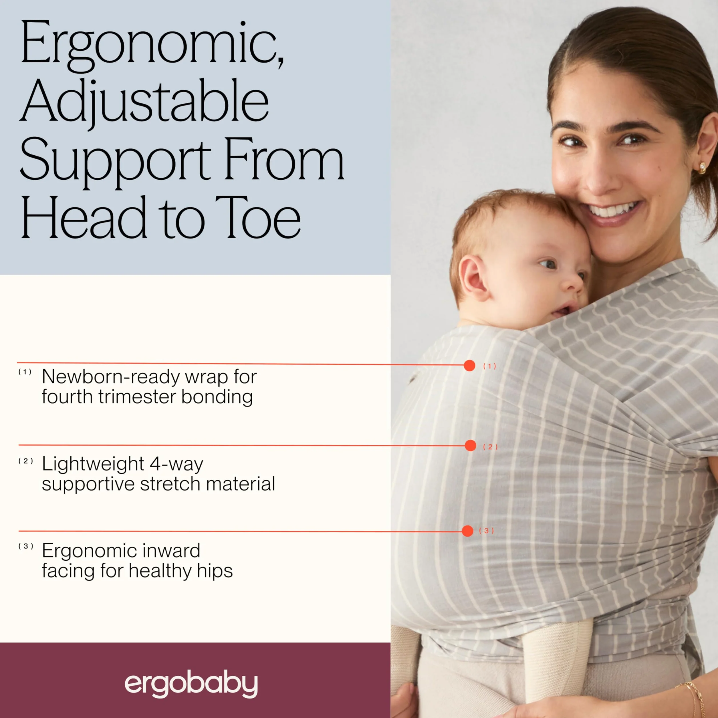 Ergobaby Fascia Neonato Porta Bebe per 0 Mesi Neonati a 11kg, Estiva Traspirante Ergonomica Elastica, Sustainable Knit, Strisce Grigie (Grey Stripes)