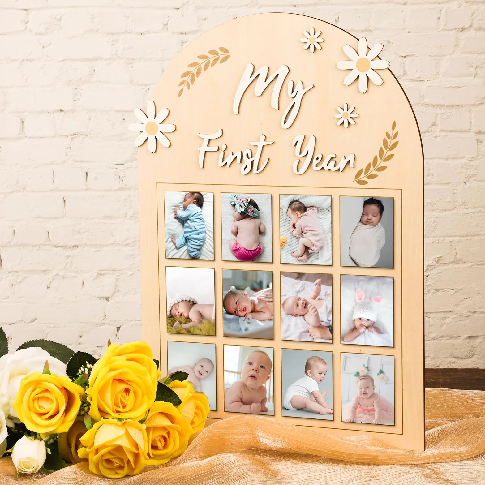 NQEUEPN Cornice per Foto Mio Primo Anno, Fiore Margherita 3D Espositore per Foto Primo Anno di Bambino Banner Fotografico Mensile su Tavola Legno 12 Mesi Regalo per Neonato Ricordi Primo Compleanno
