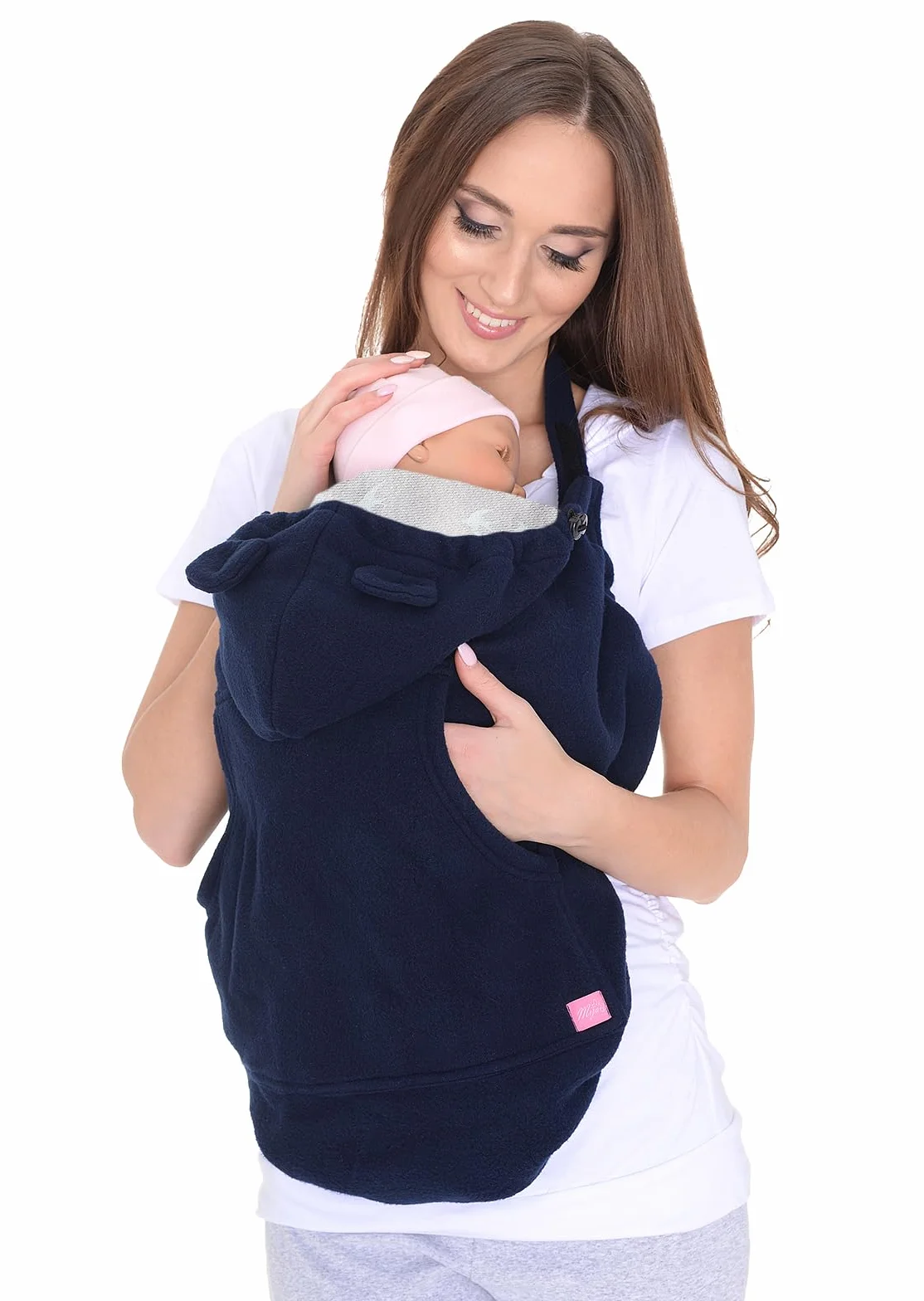 Mija 4023 - Custodia universale per portabebè/fazzoletti da porteggio/cappuccio (Blu marino/con uccelli)