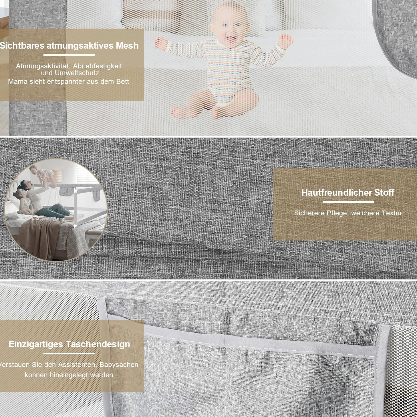 Griglia di protezione per lettino, 180 x 80 cm, per bambini, con rete ariosa, struttura stabile, facile da montare, colore: grigio