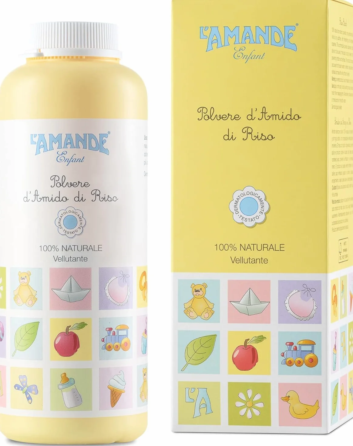 L'AMANDE - Amido di Riso Bagnetto Neonato, Talco Profumato in Polvere per Bambini e Neonati, Rinfrescante ed Emolliente Contro Arrossamenti e Irritazioni, Polvere Vellutante Naturale - Enfant, 150 g