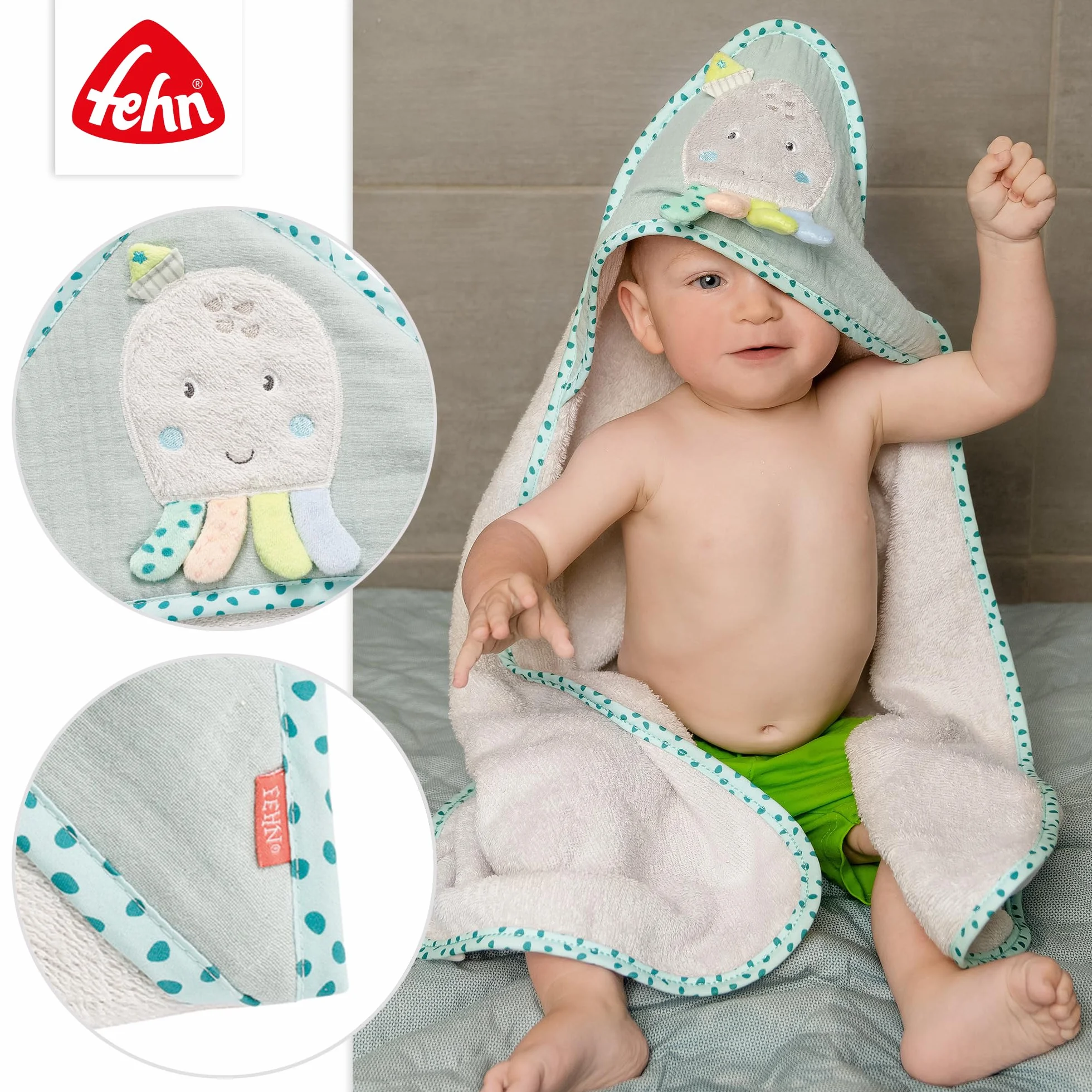 Fehn Asciugamano con cappuccio polpo – poncho da bagno in spugna con cappuccio e simpatico motivo lama – assorbente e morbido – per neonati e bambini a partire da 0 mesi