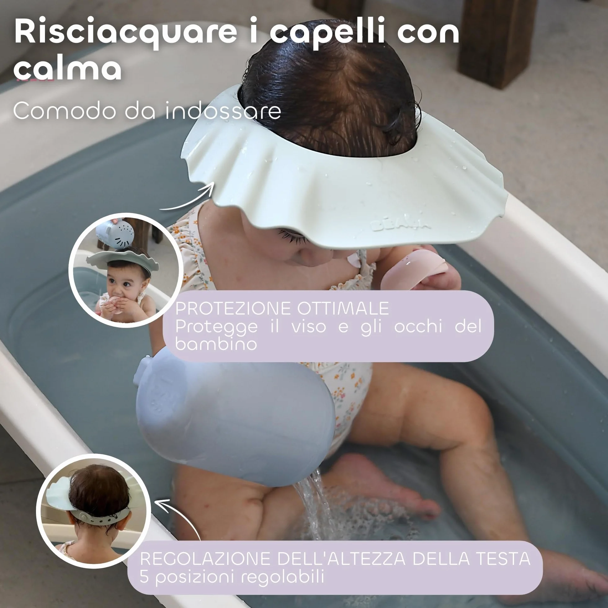 BÉABA, Cappello da Doccia per Bambini, Cuffia da Bagno, Fascia Regolabile, 5 Posizioni, Protezione per Occhi e Orecchie, Silicone Morbido e Flessibile, Grigio Verde
