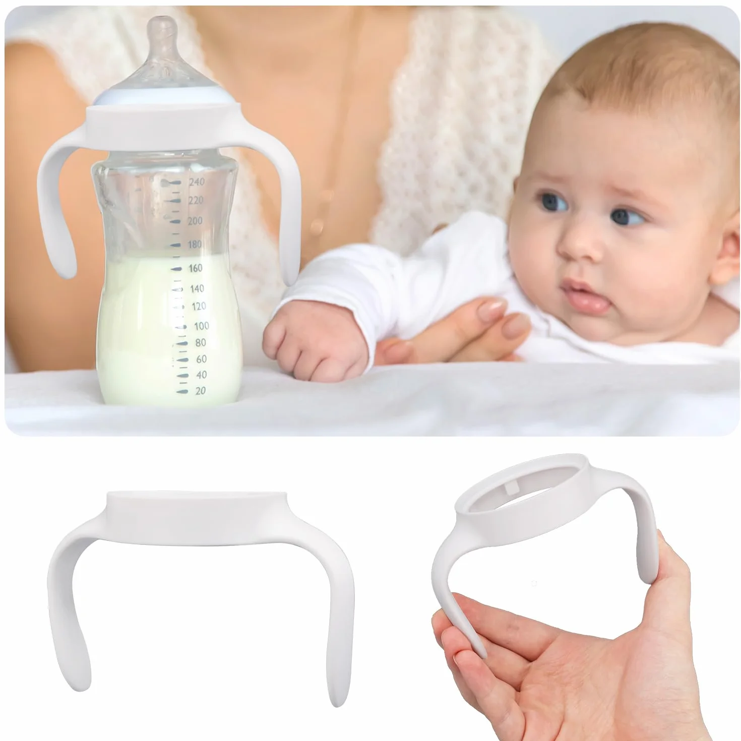 BOXOB 4pz Manici per Biberon per Mam, Supporti Ergonomici Biberon Impugnatura Facile Antiscivolo Ideale Supportare i Bambini nella Transizione al Bere in Modo Indipendente (Bianco)