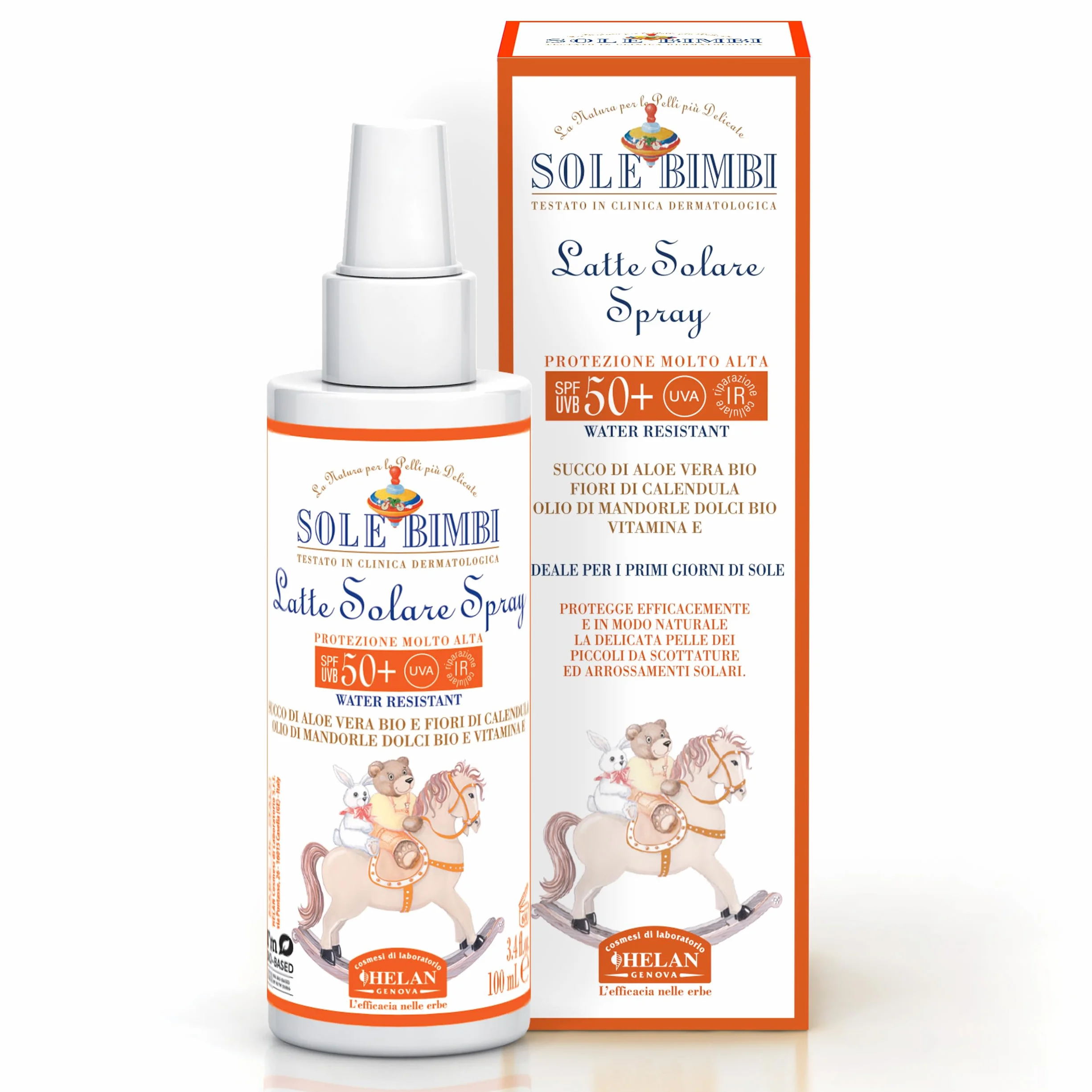 Helan, Sole Bimbi - Crema Solare 50+ Bambini e Neonati Spray Protezione Solare 50+ SPF Molto Alta contro Raggi UVB/UVA, Crema Solare Viso Corpo con Olio di Mandorle Dolci, Vitamina E, Aloe Vera 100 ml