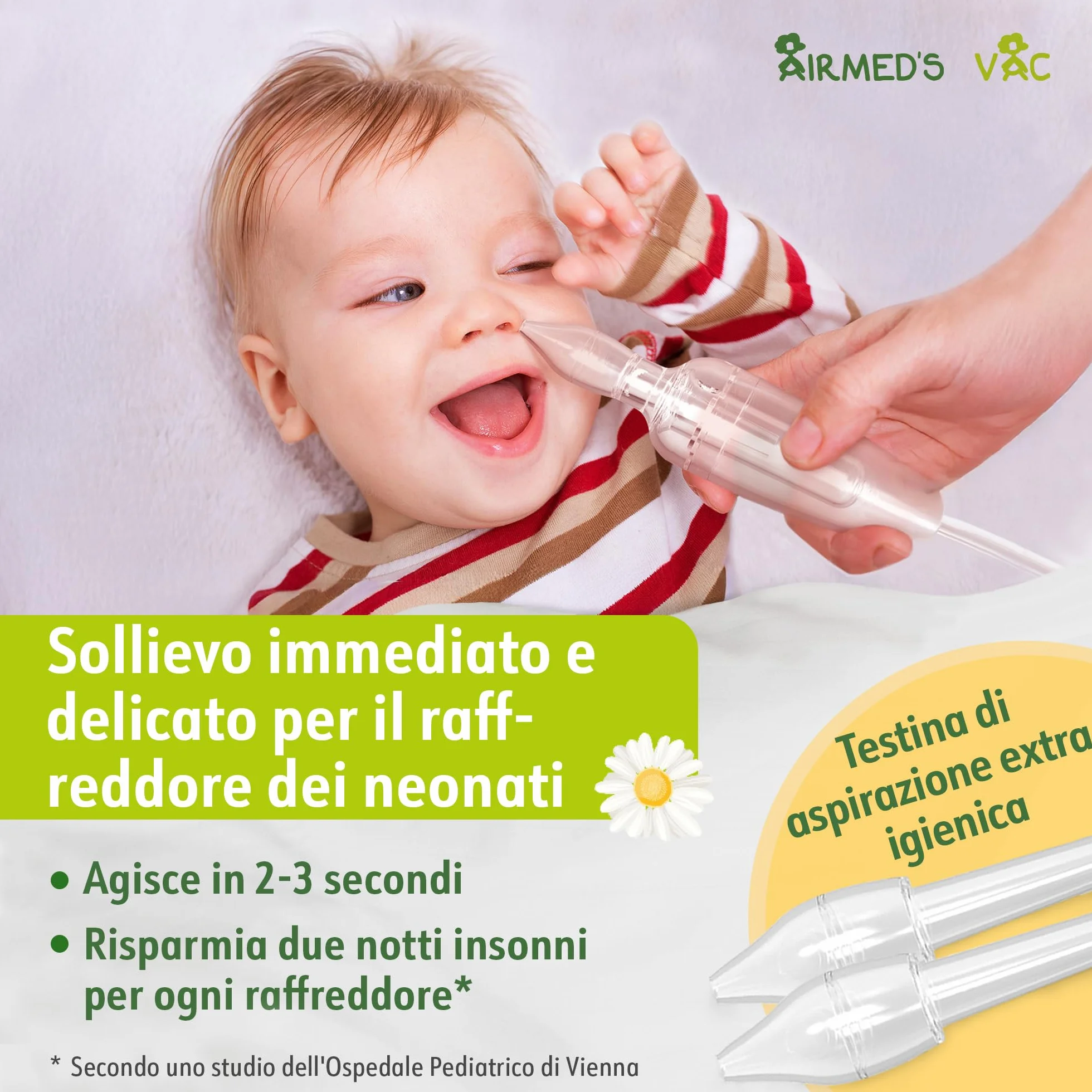 Airmed's Vac Aspiratore nasale neonato. Clinicamente testato e sicuro | Naso libero in 3 secondi. Con 2 testine di aspirazione e spazzolina per la pulizia. Compatibile con tutti gli aspiratori