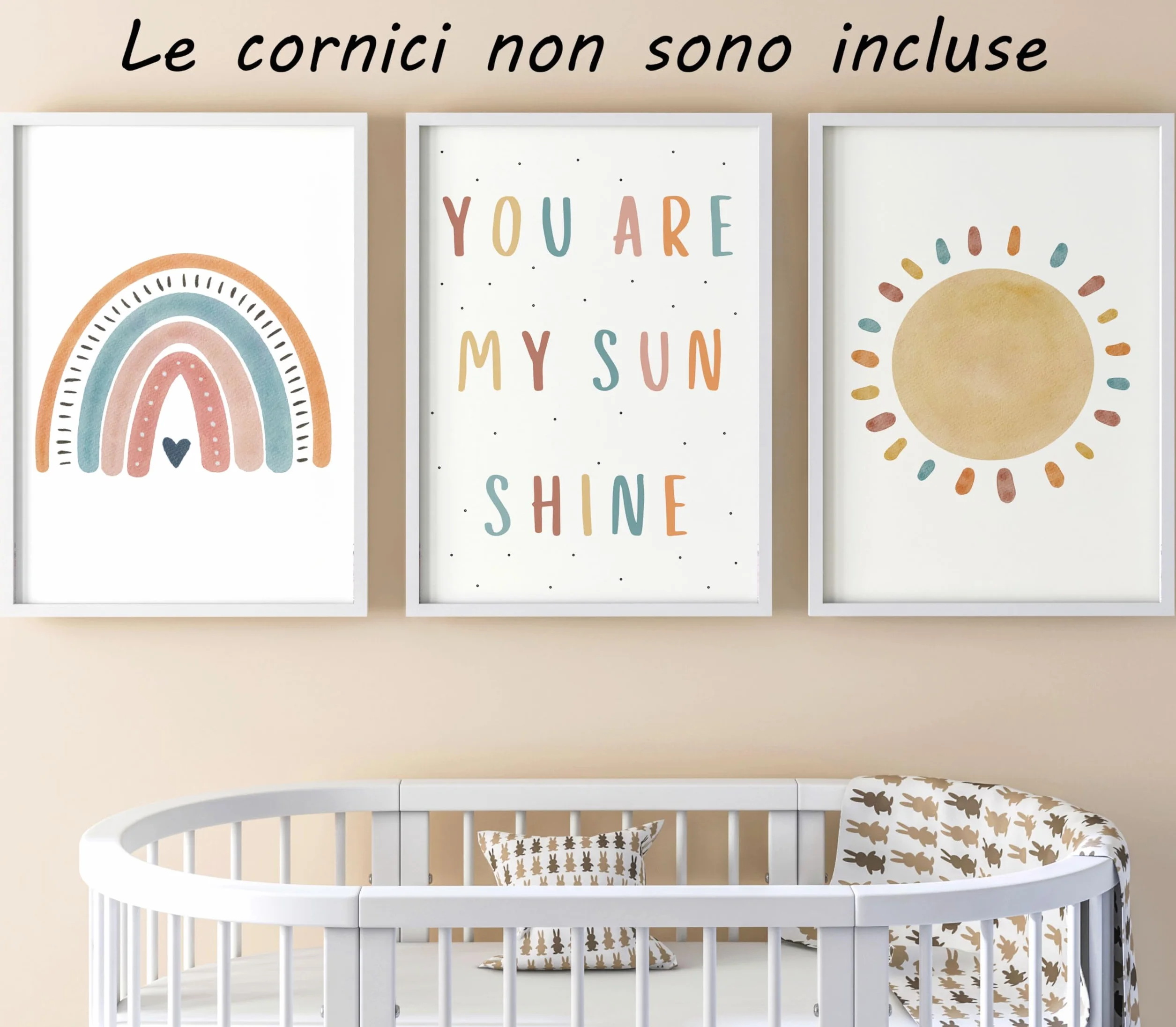 Eviepops Prints Quadri Cameretta Bambini “You Are My Sunshine” Set di 3 Stampe Boho Arcobaleno e Sole Senza Cornice, Decorazione Parete (A3)