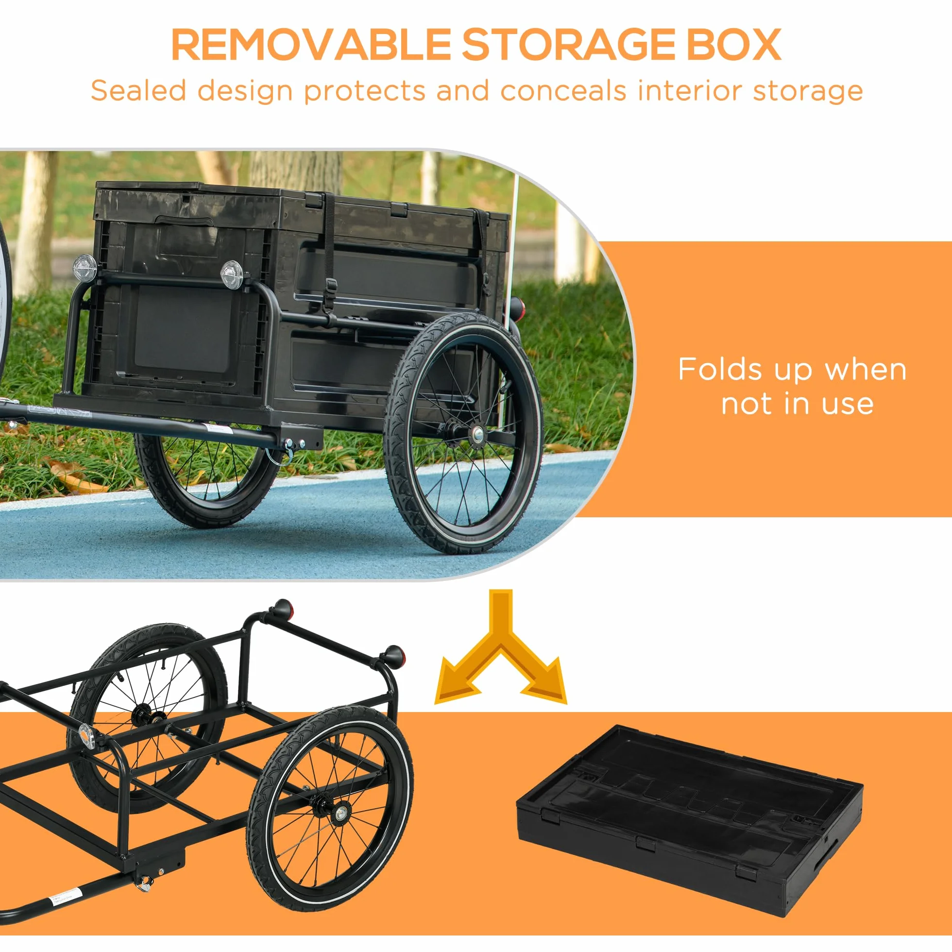 HOMCOM Rimorchio per biciclette, carrello portabici, carro per biciclette con cassetta pieghevole da 65L, grandi pneumatici e catarifrangenti sicuri, carico massimo 40KG, nero