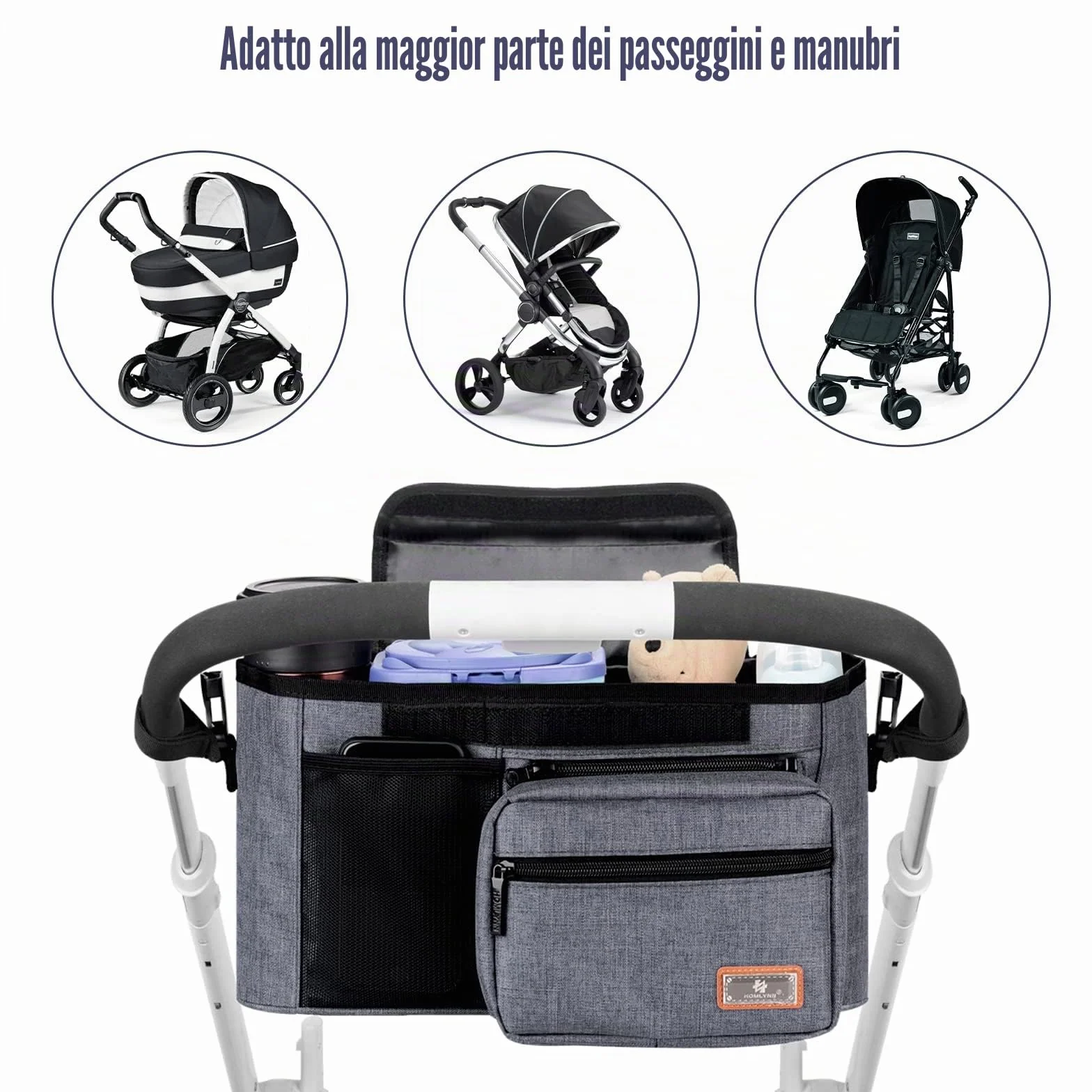 Nuova borsa portaoggetti passeggino, organizer passeggini contiene 2 portabiberon per pannolini e giochi, Adatto a tutti i modelli di Buggy