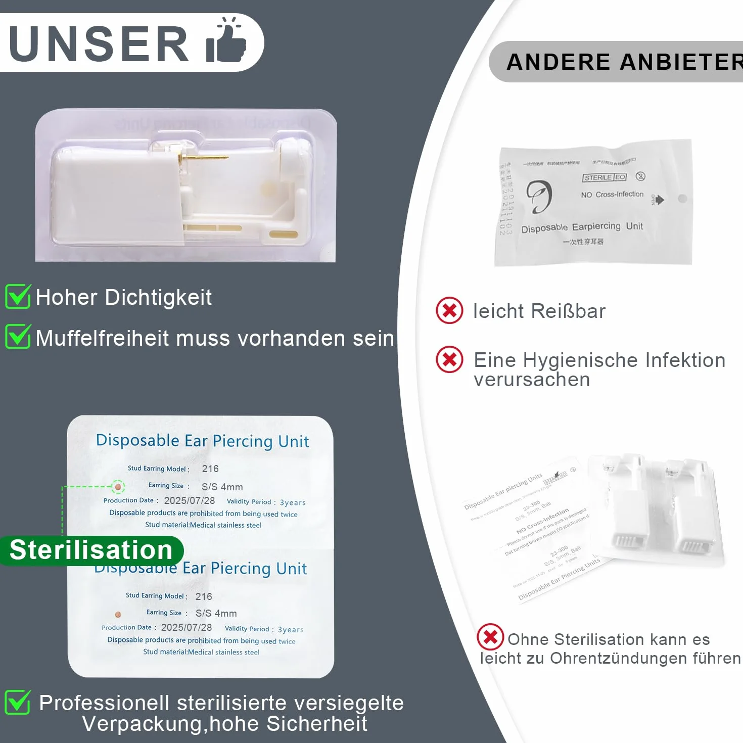 Voarge Set di 6 pistole per piercing all'orecchio, sterile, di sicurezza, con kit per piercing per asepsi