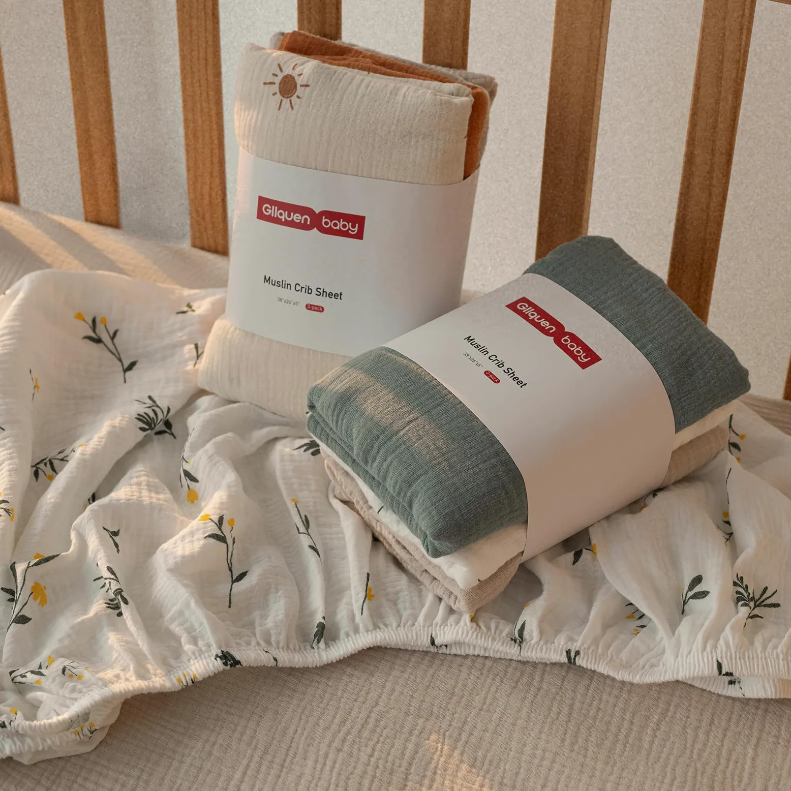 Gllquen Baby Confezione da 3 lenzuola in mussola per mini culla, traspiranti, con angoli, in cotone morbido e accogliente, per neonati e ragazze, con angoli universali, 96 x 66 cm (verde)