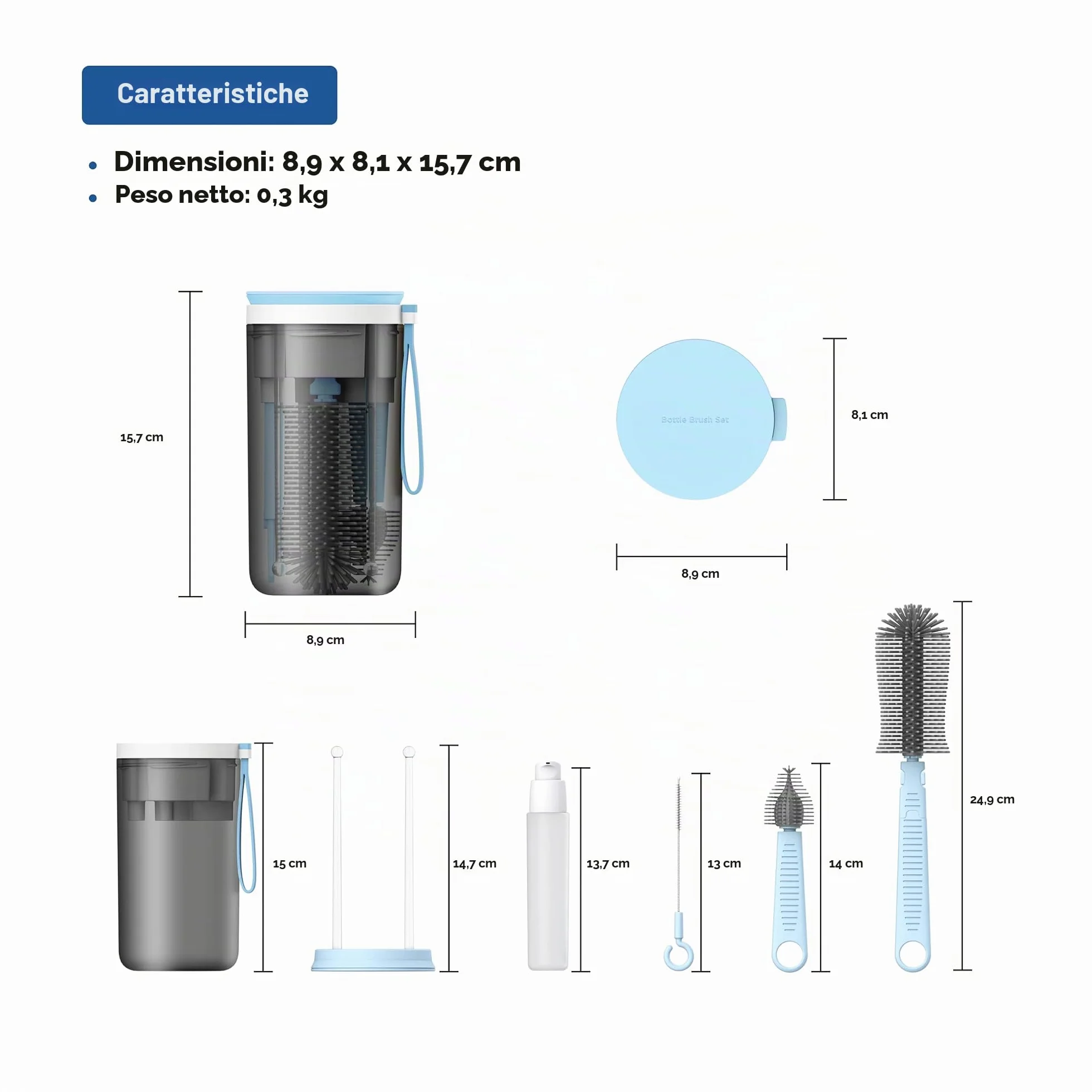 YOTIME Set Spazzole Biberon da Viaggio, con Silicone Spazzola per Biberon, Scovolino per tettarelle e Cannuccia, Dispenser Sapone, Scolabottiglie, Scatola Portaoggetti, senza BPA, Blu