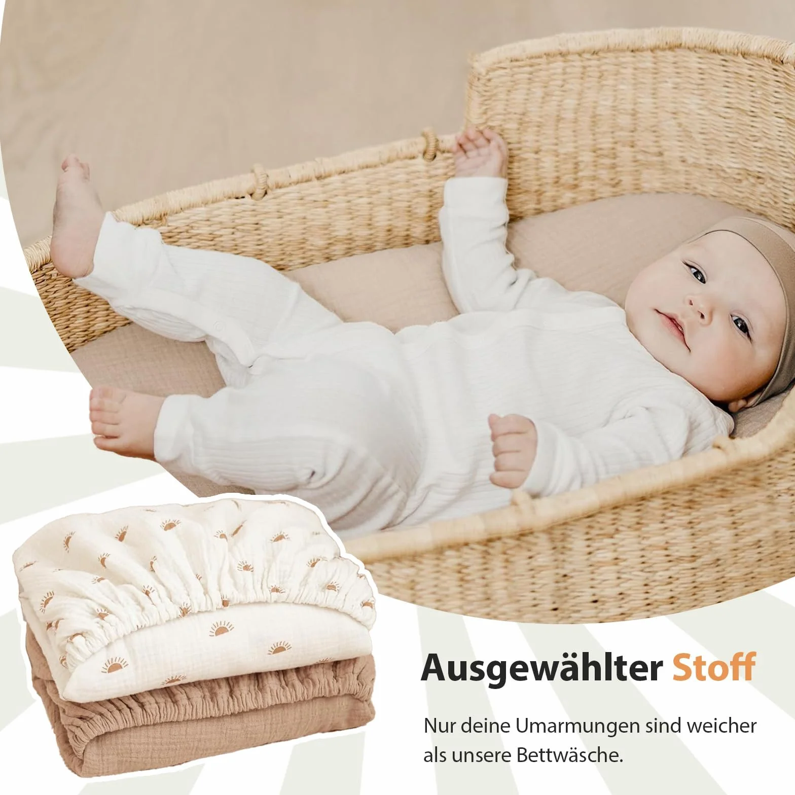 Lenzuolo con angoli in mussola, 80 x 40 cm, per passeggino e passeggino, confezione da 2 per cestino e culla (albicocca + sole)