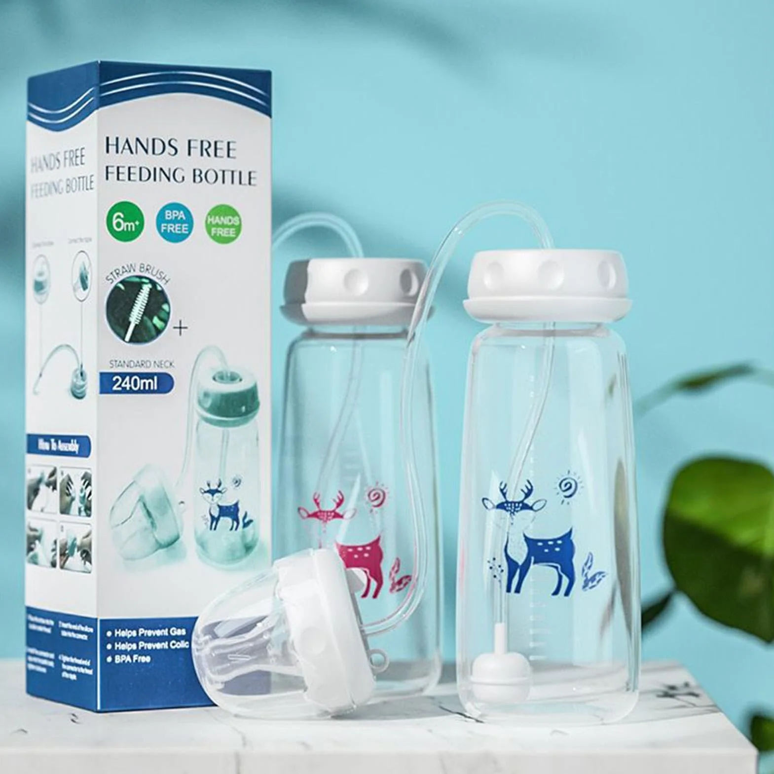 Biberon anti-colica a mani libere | 2PC Biberons in silicone 300ml | Biberon regolabile a flusso rapido con cannuccia e tettarella | Biberons 3 in 1 a collo largo e a prova perdite per bambini