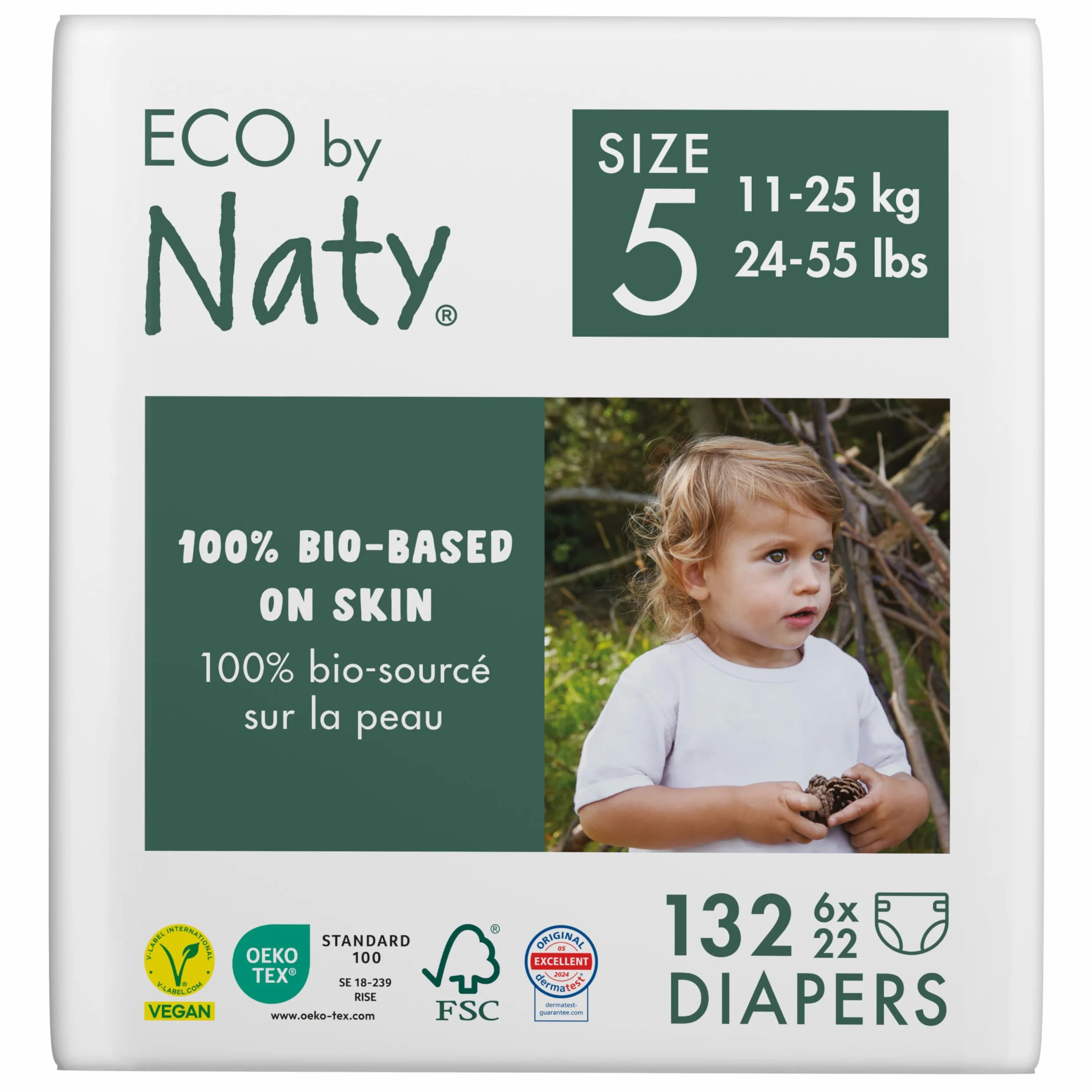 Naty Pannolini per bambini - Pannolini ecologici a base vegetale, ottimi per la pelle sensibile del bambino e aiutano a evitare le perdite (Taglia 5, 132 unità)