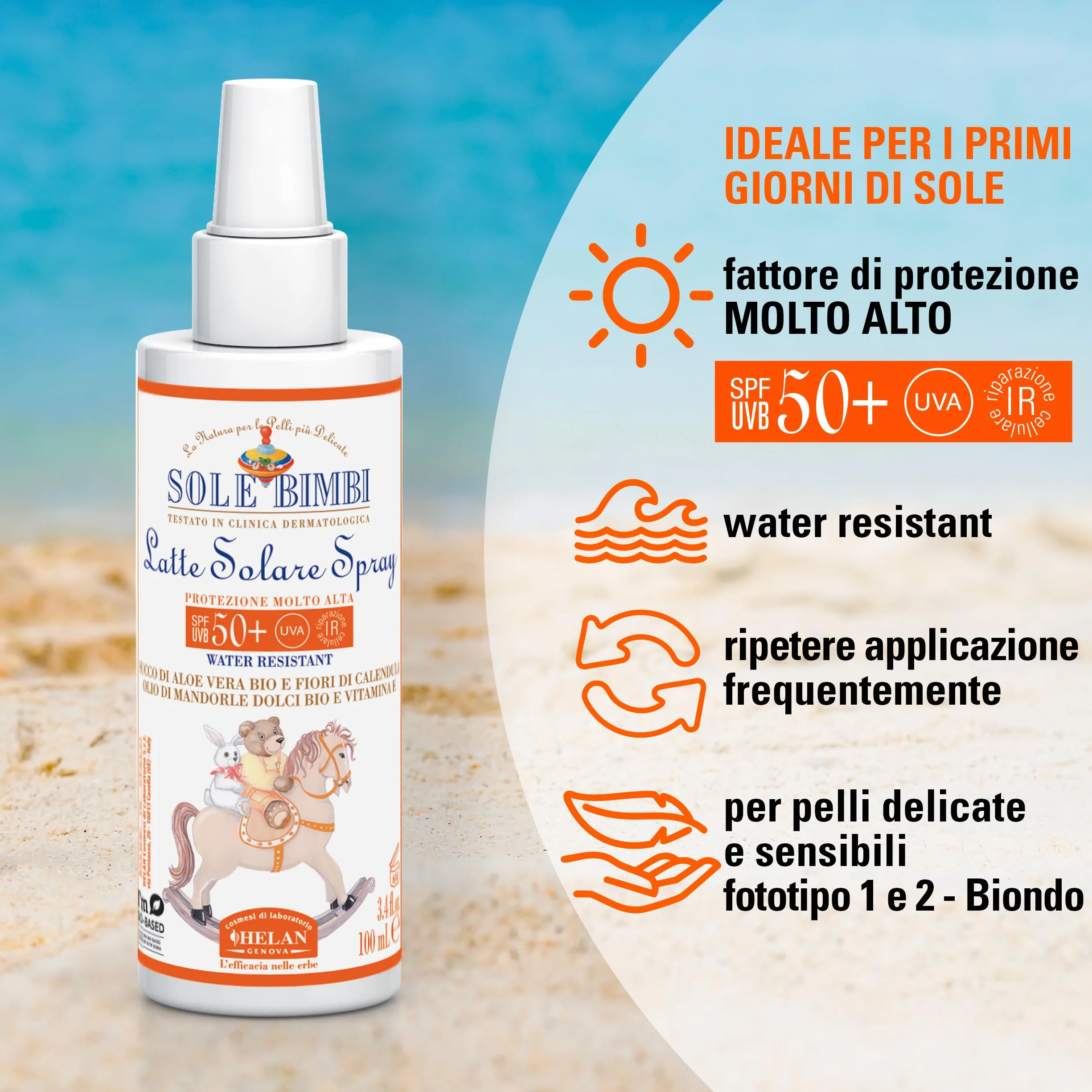 Helan, Sole Bimbi - Crema Solare 50+ Bambini e Neonati Spray Protezione Solare 50+ SPF Molto Alta contro Raggi UVB/UVA, Crema Solare Viso Corpo con Olio di Mandorle Dolci, Vitamina E, Aloe Vera 100 ml