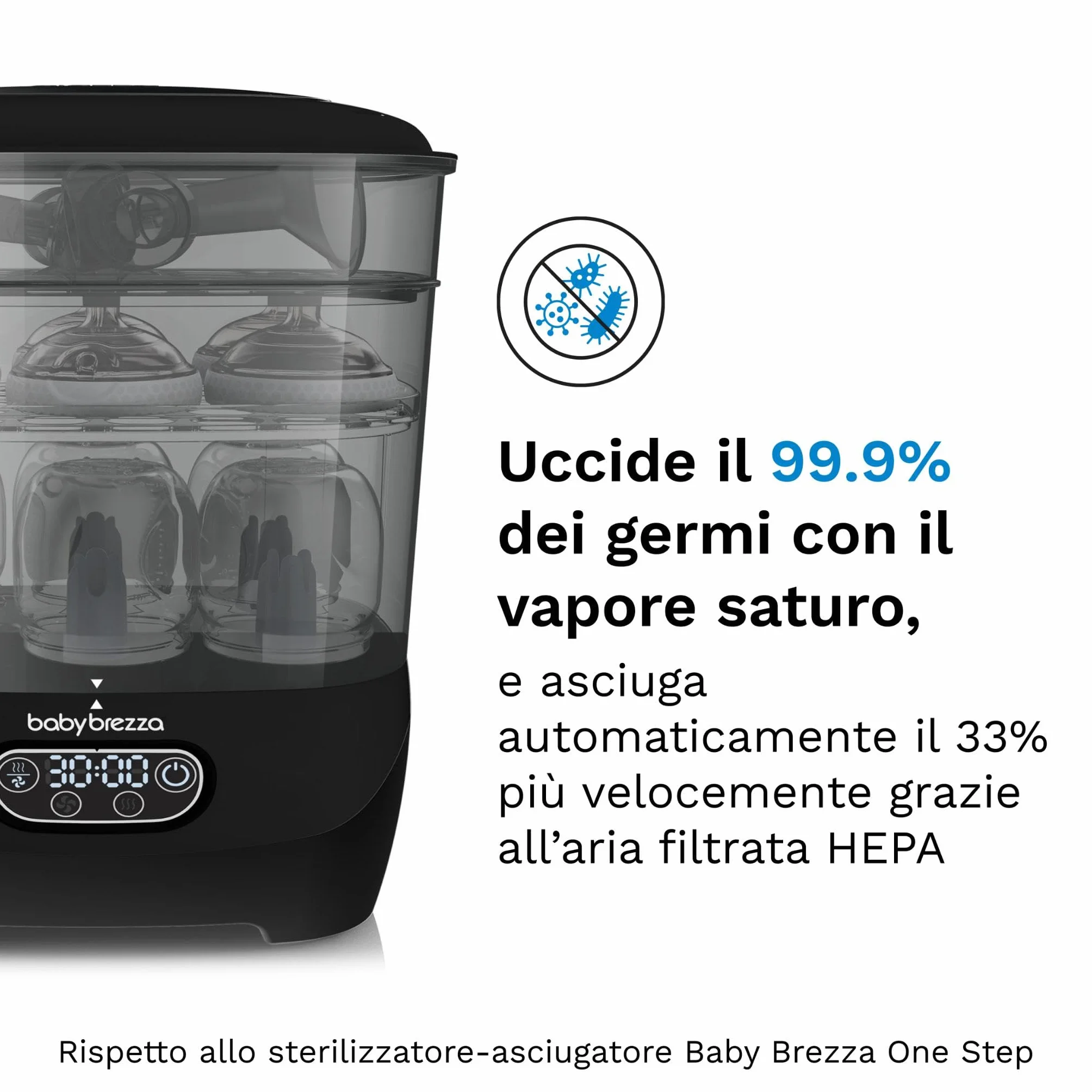 Baby Brezza Sterilizer Dryer Advanced – Sterilizzatore a Vapore per Biberon 4 in 1-33% più veloce, extra capiente con Filtro HEPA – Asciuga Biberon e Sterilizzatore Neonato universale
