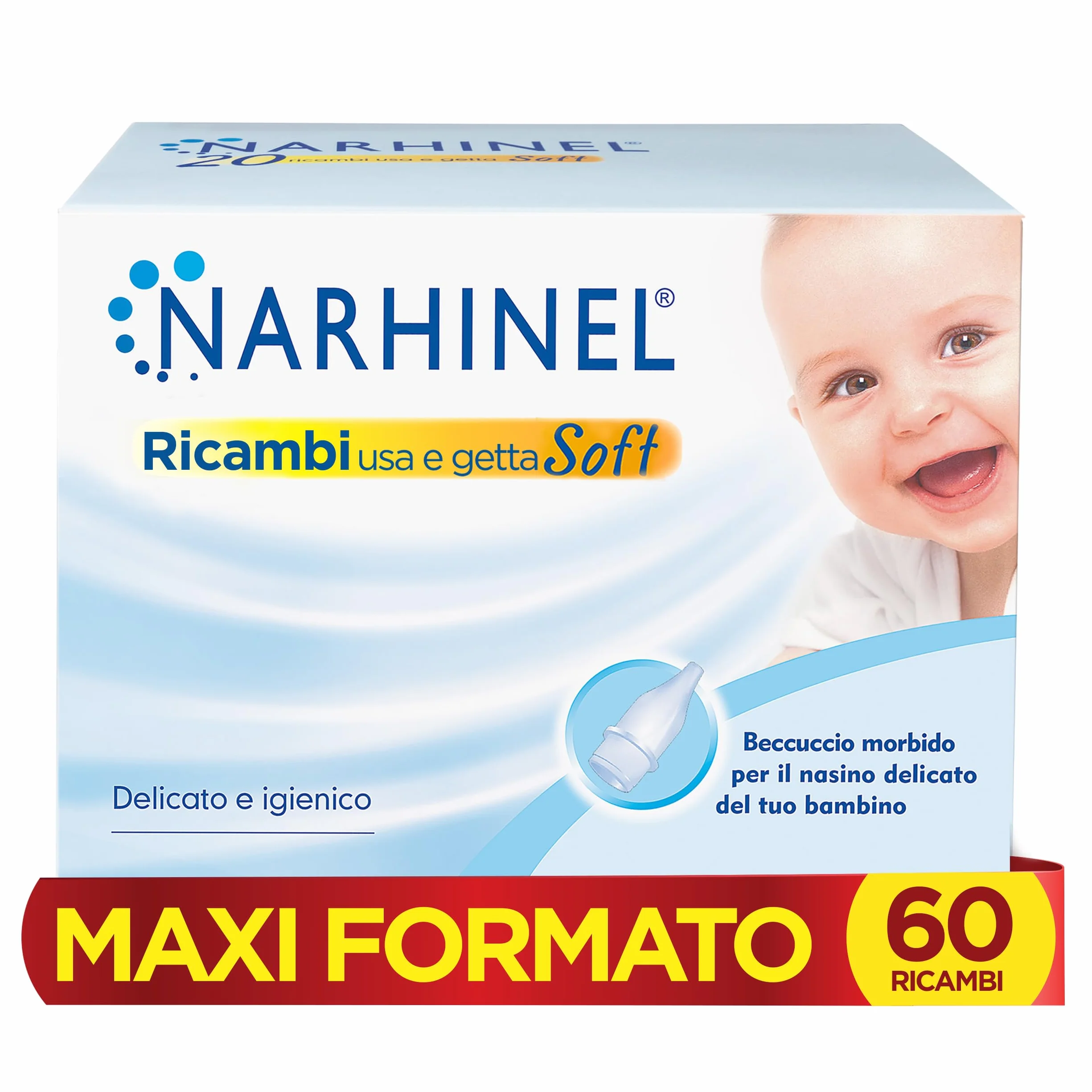 Narhinel MAXI FORMATO 60 Ricambi Morbidi per Aspiratore Nasale Neonati e Bambini con Filtro Igienico Assorbente per Trattenere il Muco, Pacco da 60 Ricambi Monouso
