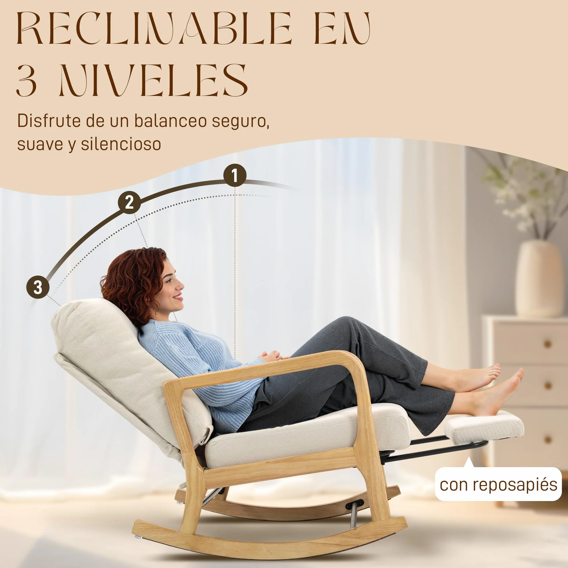 HOMCOM Sedia a dondolo con poggiapiedi, schienale regolabile, sedia a dondolo nordica in velluto a coste, gambe in legno, braccioli, cuscino lombare, sedia per allattamento, carico 120 kg, per camera