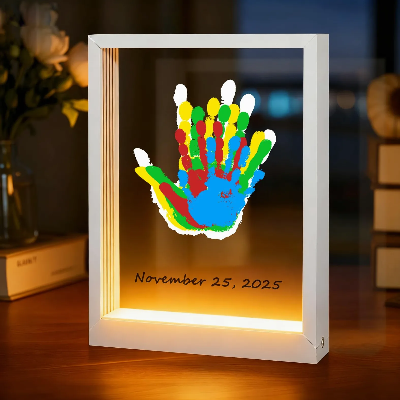 Bixinyo Kit per impronte di mani con luce, cornice in legno per impronte di mani e piedi del bambino, regalo per la famiglia per neogenitori, Natale, mamma e bambino, nonni, regali di adozione, 5
