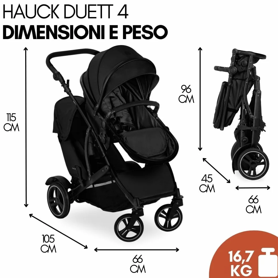 hauck Passeggino Gemellare Duett 4 - Passeggino Doppio per 2 Bambini, Fino a 36Kg, con Coprigambe e Parapioggia - Seduta Convertibile in Navicella Neonato - Nero