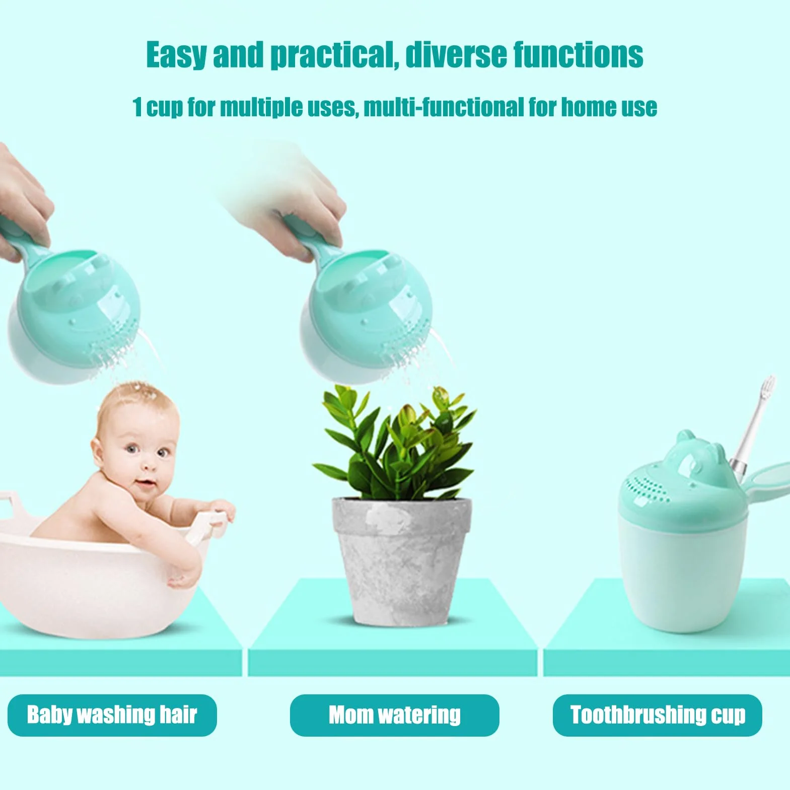 Bicchiere per risciacquo, secchiello da doccia, per lavare i capelli dei bambini, sicuro e senza fuoriuscite, comoda impugnatura per bagno, shampoo e doccia, per la routine quotidiana del