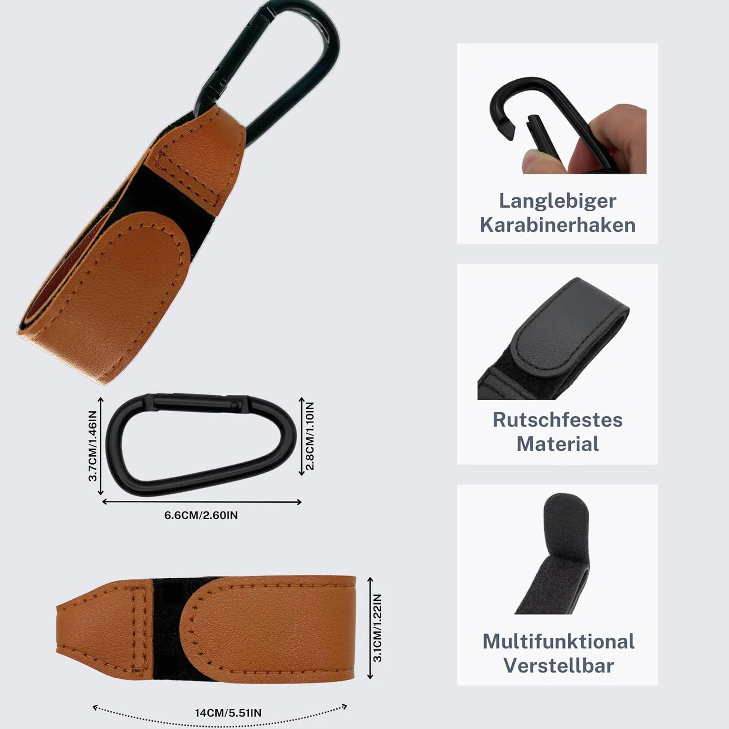 Shabany Gancio universale per passeggino, 2 pezzi, misura universale, gancio per passeggino, gancio da tasca, regolabile, robusto, con chiusura in , colore: marrone