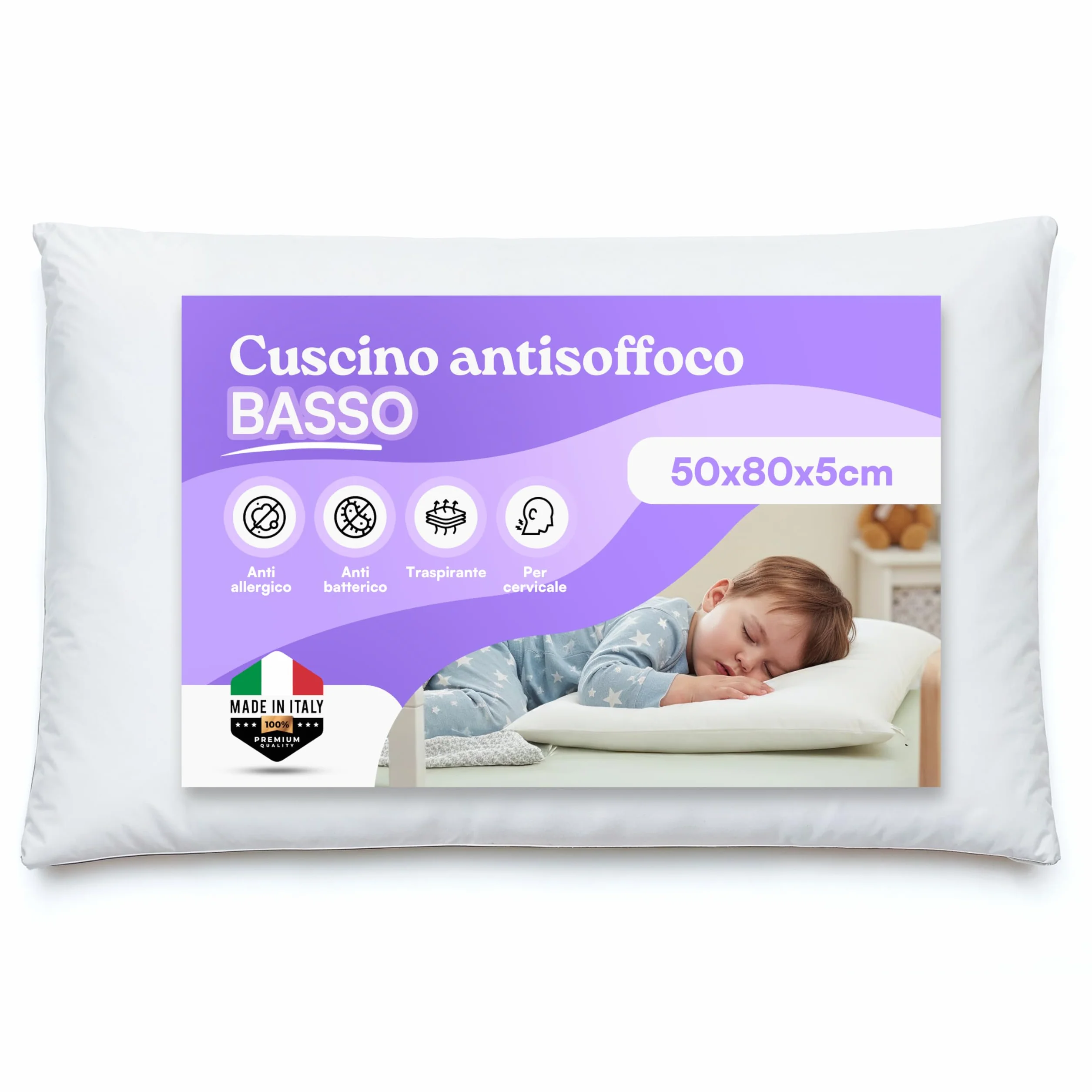 ER RELAX Cuscino Antisoffoco per Bambini BASSO 50x80 altezza 5cm per Letto Grande. Guanciale BASSO, Anallergico, Traspirante, Rivestito con Fodera 100% Cotone. Made in Italy (1)
