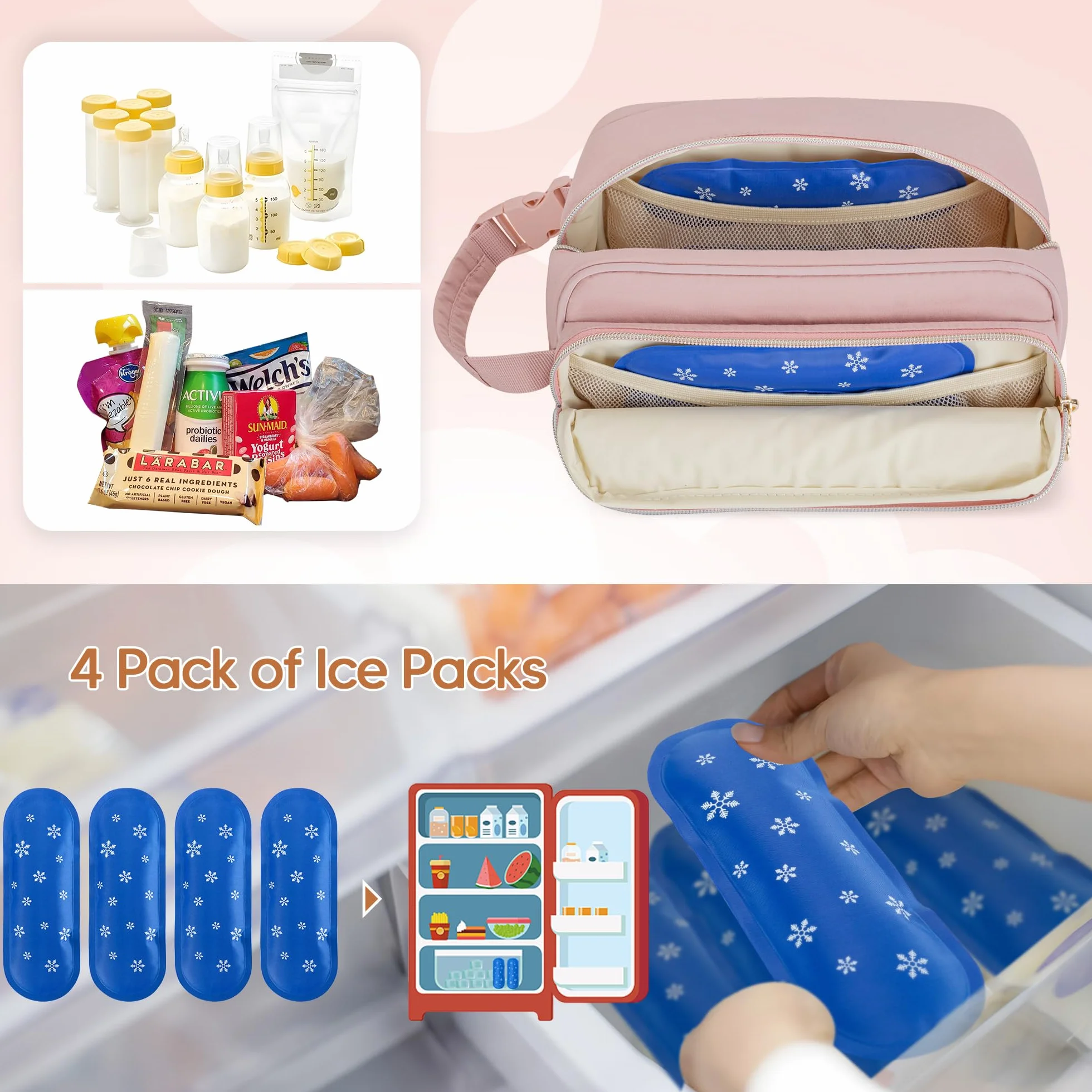 Damero Borsa Termica per Latte Materno con 4 Pacchetti di Ghiaccio, Borsa Termica per Biberon di Latte Materno per Biberon da Viaggio per Madre Che Allatta, Rosa