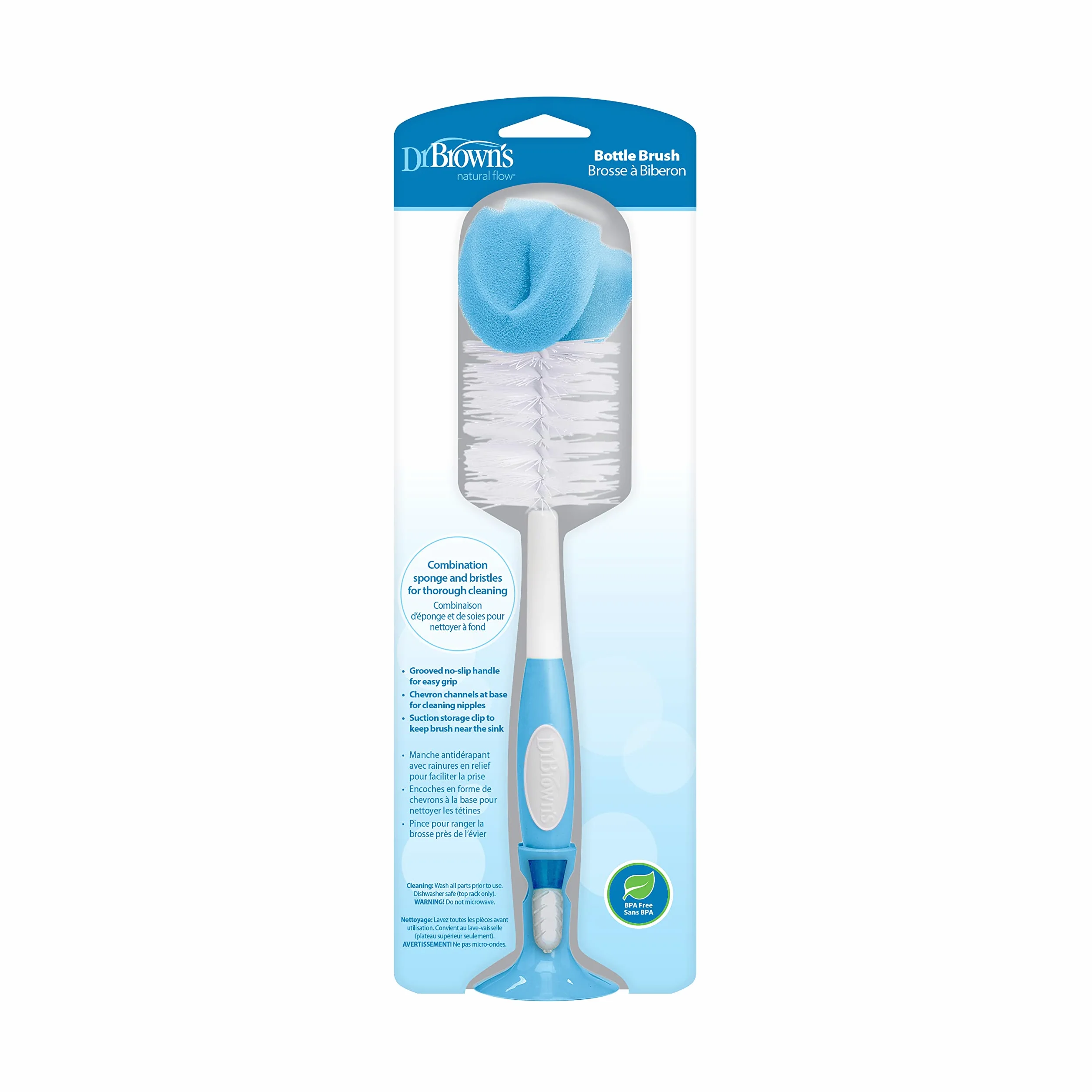 Dr. Brown's Reusable Sponge Baby Bottle Cleaning Brush with Suction Cup Stand, Scrubber and Nipple Cleaner, Assorted Color 1-Pack