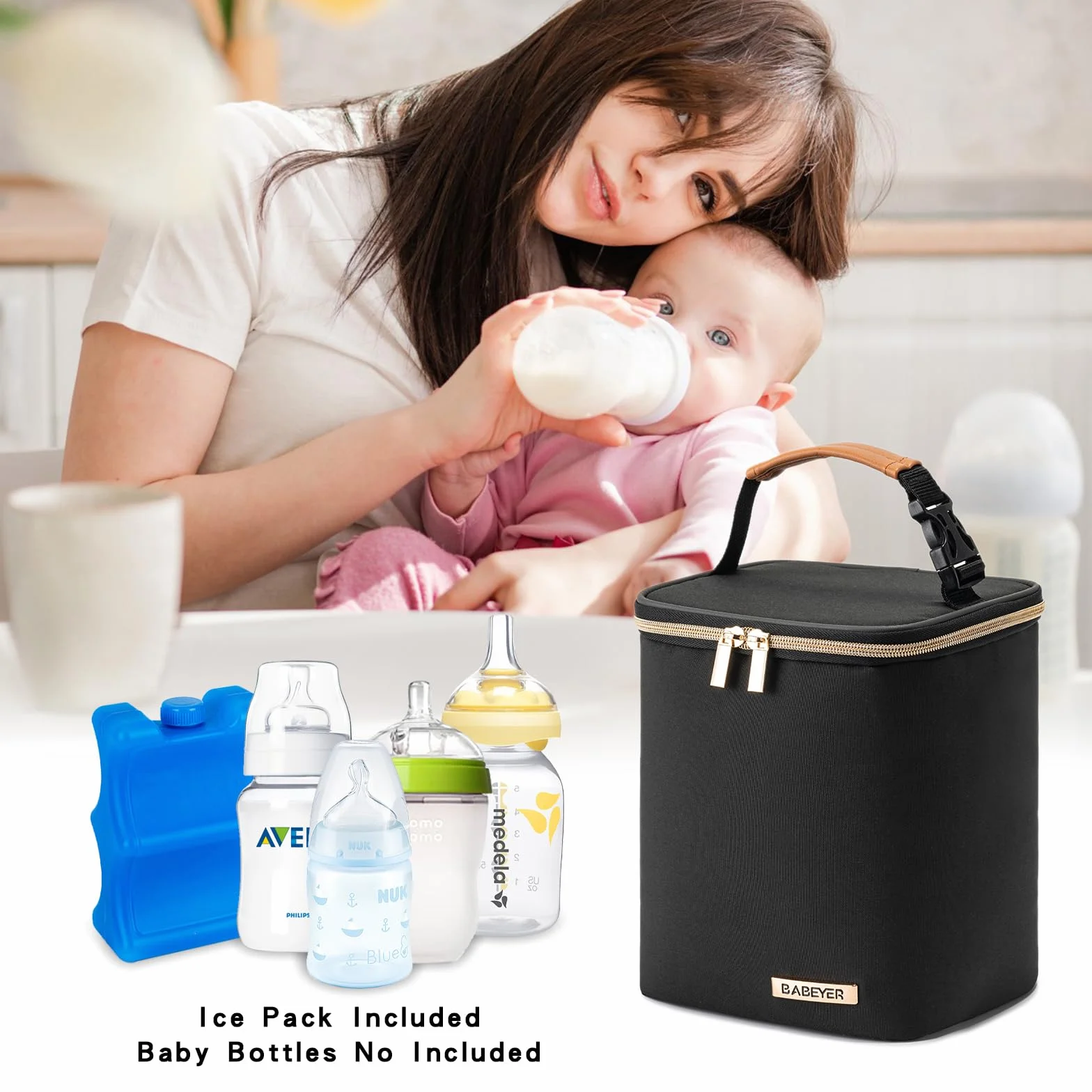 Borsa termica per latte materno, borsa termica per biberon con sacchetto di ghiaccio per 4 bottiglie fino a 120 ml – 270 ml, perfetta per l'asilo nido, i viaggi, madri che allattano, nero