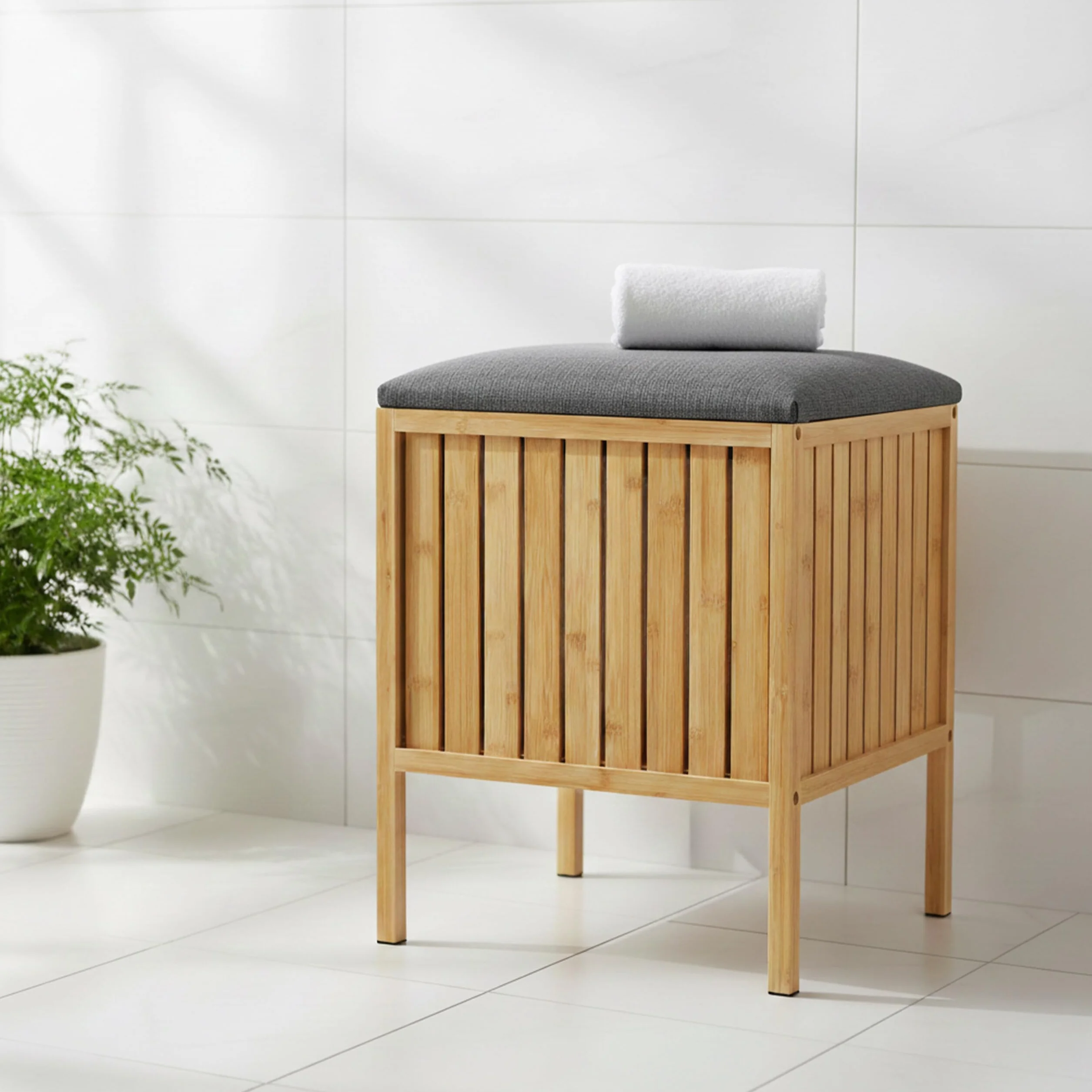 Relaxdays Cesto Biancheria in bambù con Coperchio Imbottito e Seduta, 52x39x39 cm, Naturale/Grigio
