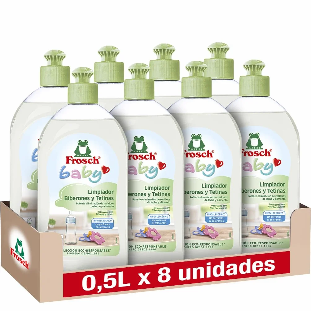 Frosch Baby - Detergente per biberon e tettarelle, rimuove residui di latte e cibo, prodotto ipoallergenico ed ecologico, confezione da 8 pezzi x 500 ml