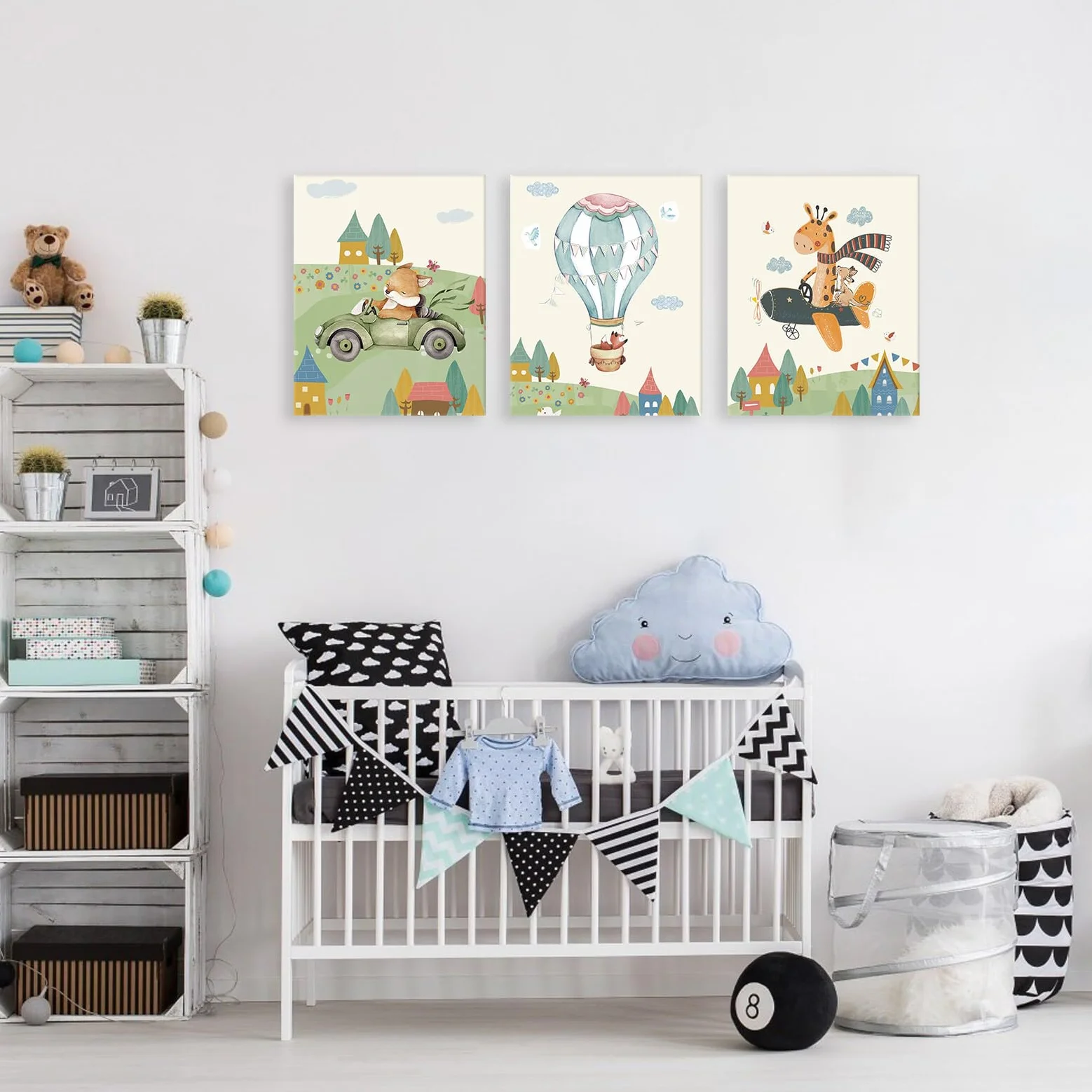 KAIRNE Set di 4 poster con animali, per la cameretta dei bambini, con cornice (20 x 25 cm), con mongolfiera, immagini da parete per la cameretta dei bambini, decorazione per la giungla e gli animali