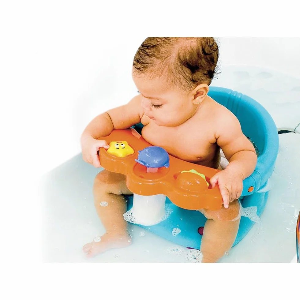 Foppapedretti Seggiolino Da Bagno Tuffetto ,30x38.5x24.5 cm, per Bambini fino a 13 Kg, Dotato di davanzalino con giochini e pompetta spruzza acqua, Bracciolo di protezione, Arancio Azzurro