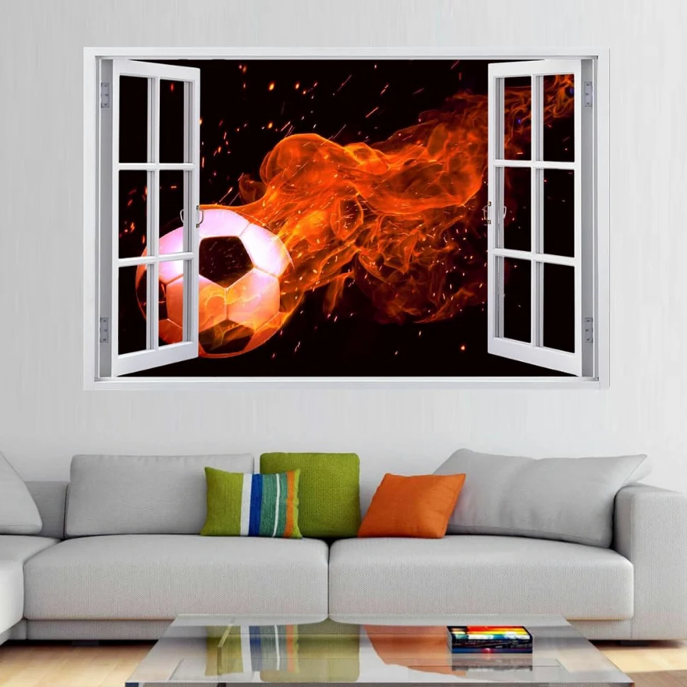 Adesivi Murali Decalcomanie Murali, Calcio Wall Tattoo 3D Fracassato, Fuoco Per La Casa Soffitto Da Parete Decorare Le Decorazioni Della Camera Da Letto Dei Bambini 120x80cm