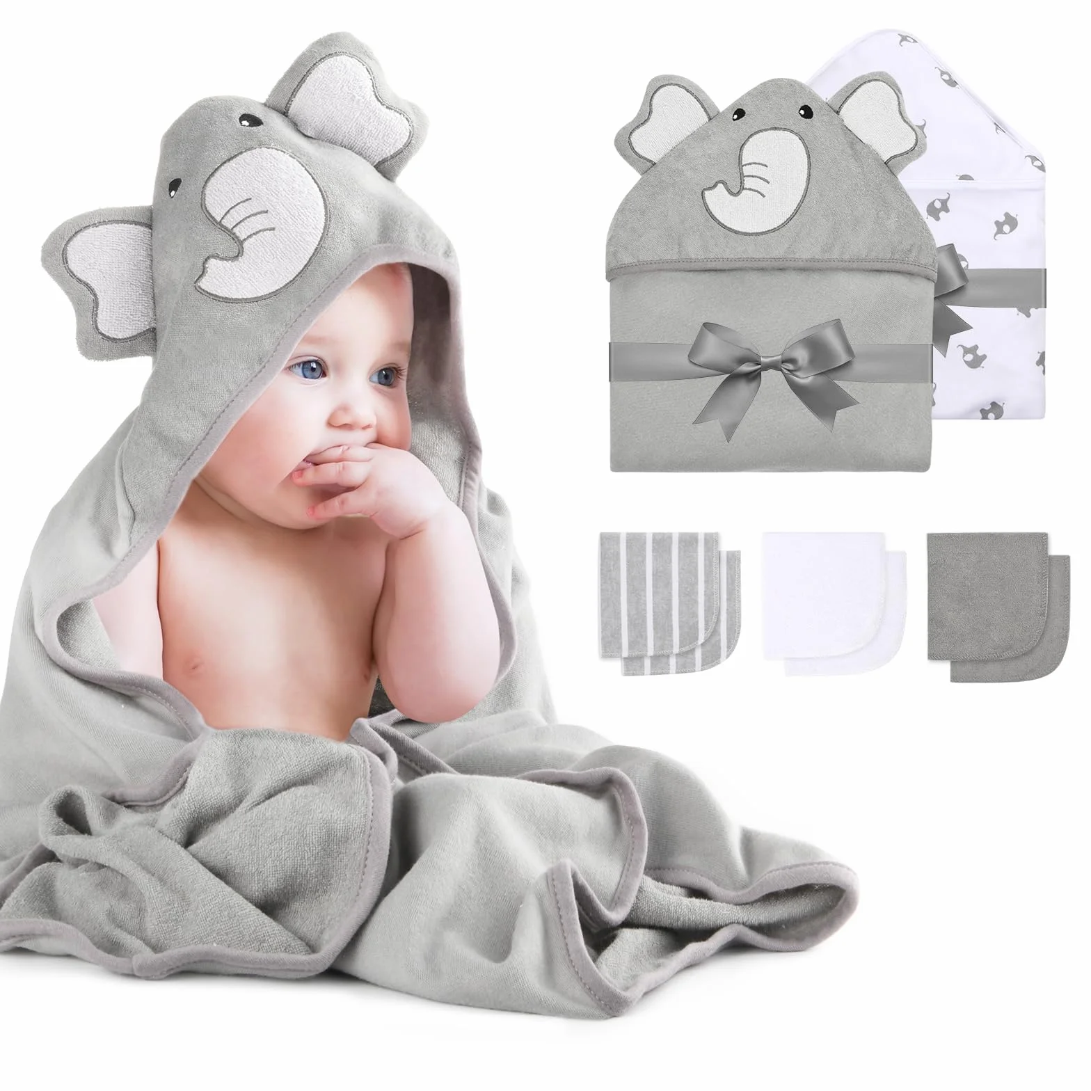 momcozy Set Asciugamani per Bambini 8 pz con Cappuccio, 2 Accappatoi Neonato 76x76 cm + 6 Quadrati Cotone 24x24 cm, Morbido e Super Assorbente, Elefante – Regalo Nascita Bimbo, Regali Neonata Femmina