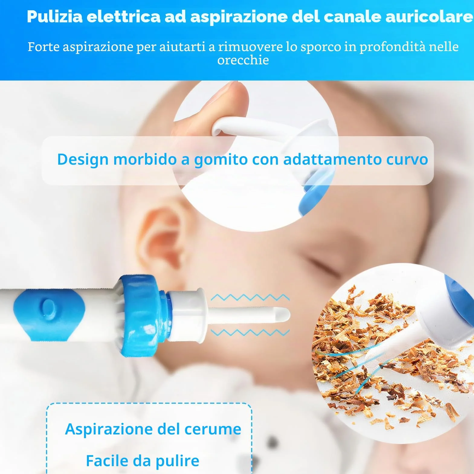 Aspiratore Cerume Orecchie Elettrico Pulisci Orecchie con Aspirazione, 2 Testine Silicone + Spazzolina, pulizia orecchie adulti bambini, aspiratore di cerume, funziona con Batterie AAA