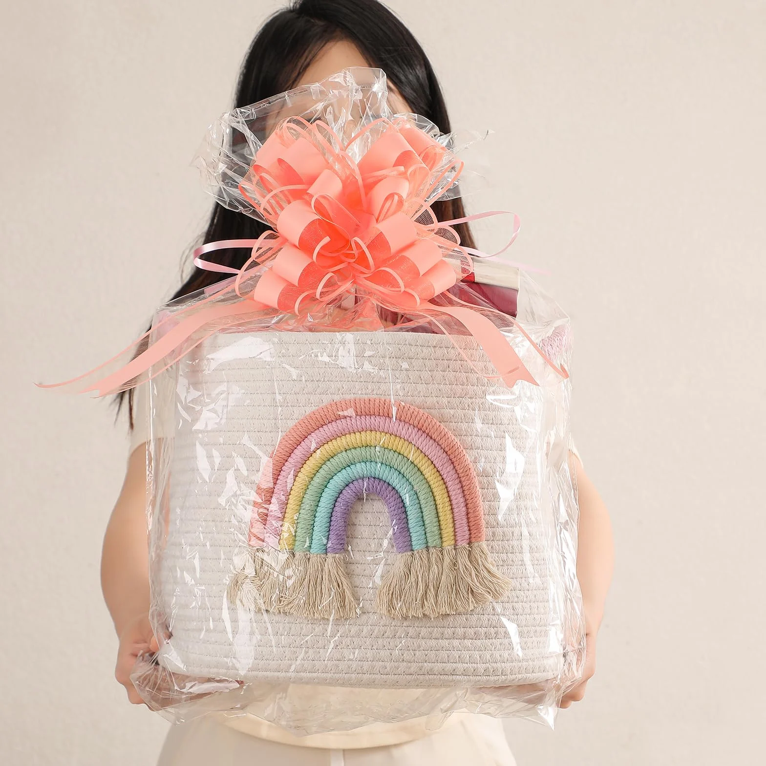 Cestini di immagazzinaggio dei giocattoli, cesto di stoccaggio in corda di cotone tessuto con decorazione arcobaleno per bambini, cestini per coperte, organizer per giocattoli, cestino arcobaleno per