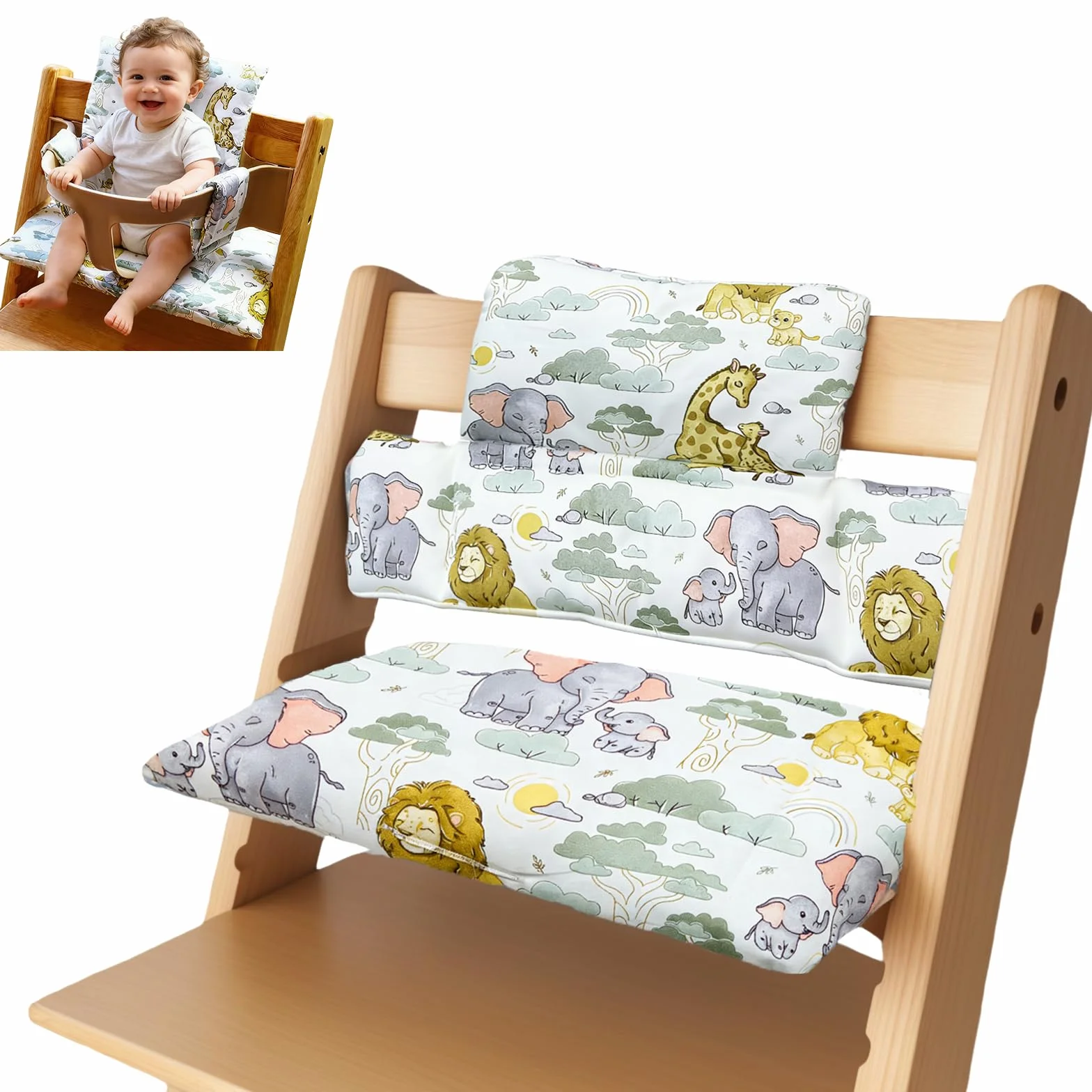 Cuscini per Seggiolone Stokke Tripp Trapp, 2 Pezzi Antiscivolo Cuscino per Seggiolone Pappa Impermeabile Cuscino Sedia Bambini Modelli Animali Cotone PP ad Alta Resilienza