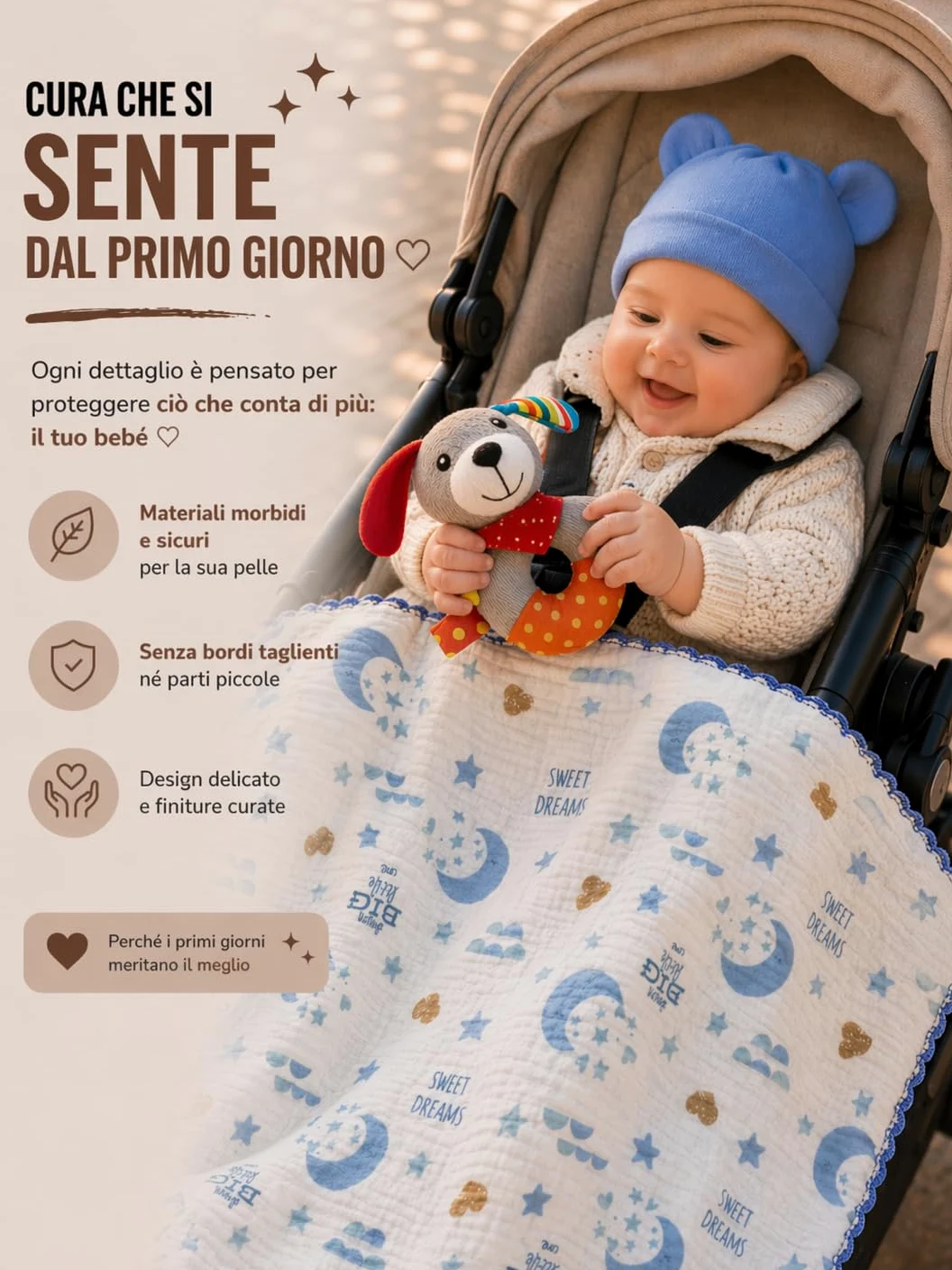 Regalo Neonato Maschio Femmina - Regalo Nascita Bimbo Bimba - Set Nascita 8 Pezzi con Valigetta, Copertina in Cotone, Peluche e Sonaglio - Cofanetto Regalo