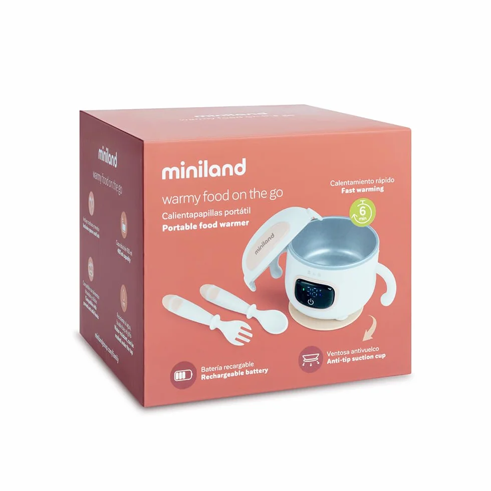 Miniland Scaldabiberon Portatile Senza Fili 7500mAh, Scalda Pappa Portatile Neonato da Viaggio e Scaldavivande a Batteria, Kit Svezzamento con Posate, Display LED, 3 Temp | Warmy Food On the Go