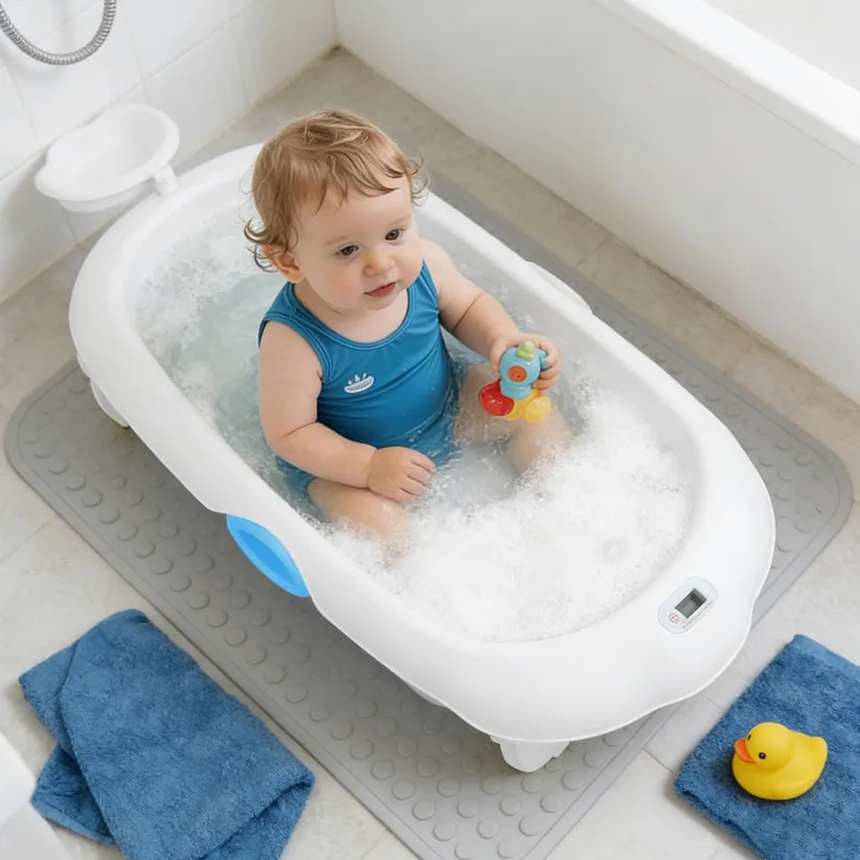 Vasca da bagno pieghevole con cuscino di supporto per il bagno, con cuffia da bagno impermeabile, supporto, termometro, pieghevole compatto e facile da pulire