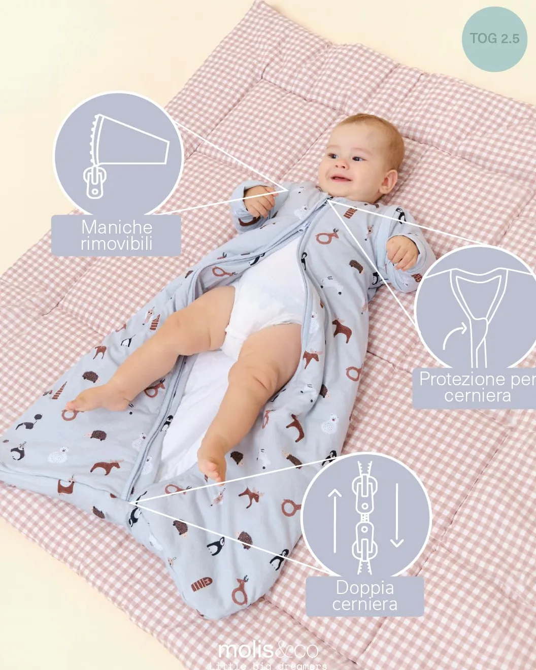 molis&co - Sacco nanna maniche staccabili per Neonati e Bambini - Sacchi Nanna 2.5 tog - 100% Cotone (Oeko-TEX 100) - Winter Animals (12 a 18 mesi)