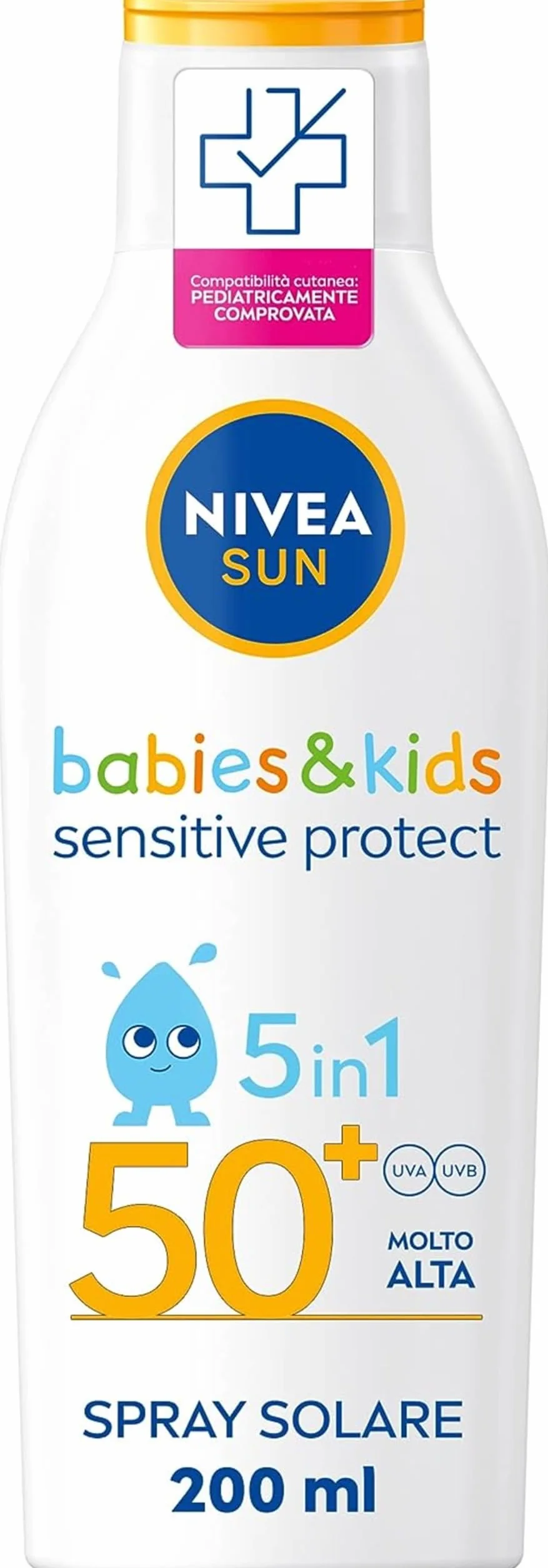 NIVEA SUN Latte Solare Kids Sensitive Protect & Play FP 50+ 200 ml, Crema Solare Bambini e Neonati dai 6 Mesi in su, Crema solare 50+ Resistente all'Acqua